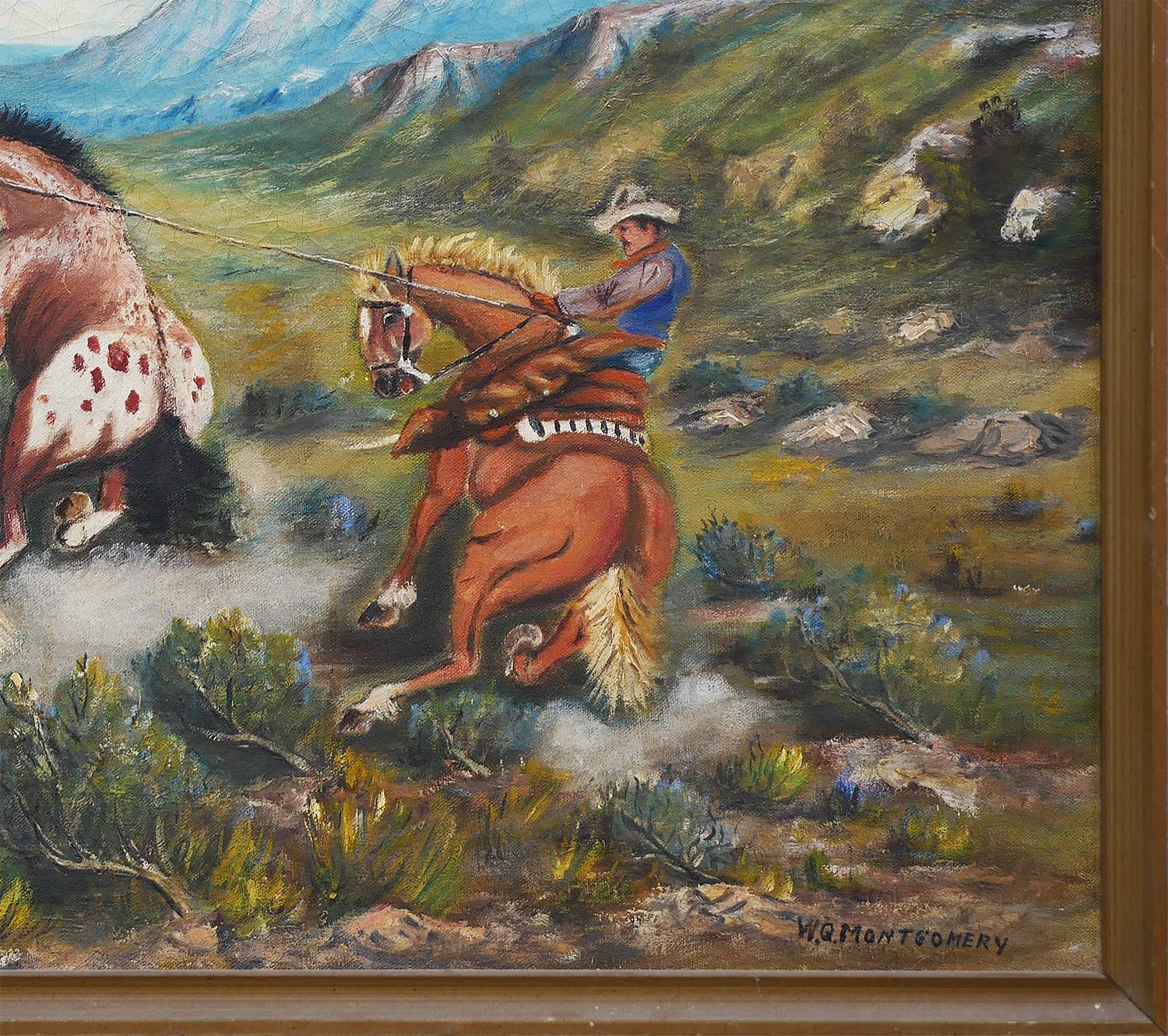 Paesaggio western realista in blu, verde e marrone con cowboy che montano un cavallo da tiro a segno in vendita 1