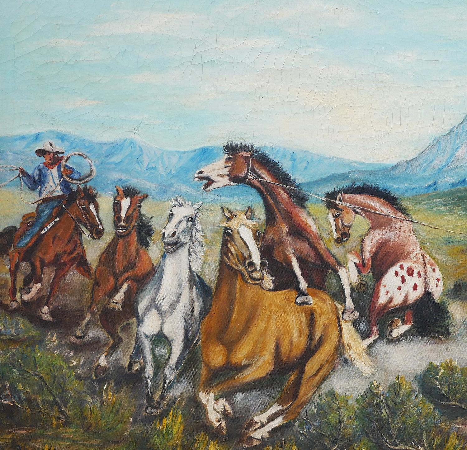 Paesaggio western realista in blu, verde e marrone con cowboy che montano un cavallo da tiro a segno in vendita 2