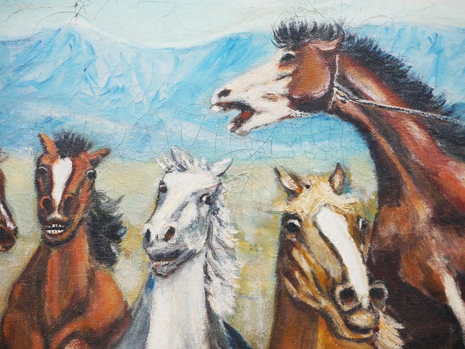 Paesaggio western realista in blu, verde e marrone con cowboy che montano un cavallo da tiro a segno in vendita 4