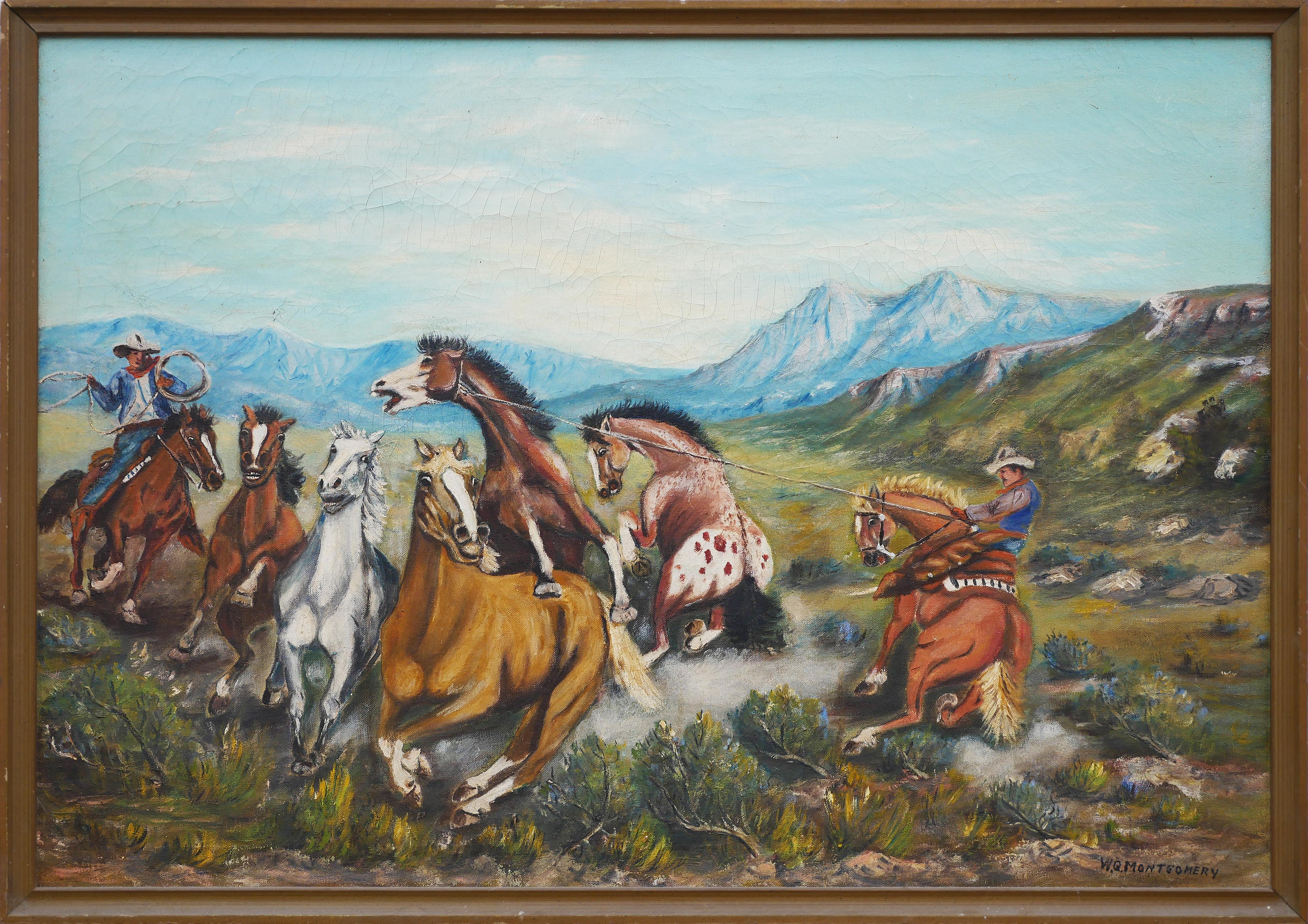 Paisaje western realista azul, verde y marrón de vaqueros montando a caballo en una estampida
