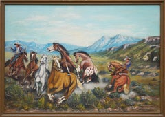 Realist Blue, Green & Brown Western Landscape of Cowboys Roping a Horse Stampede