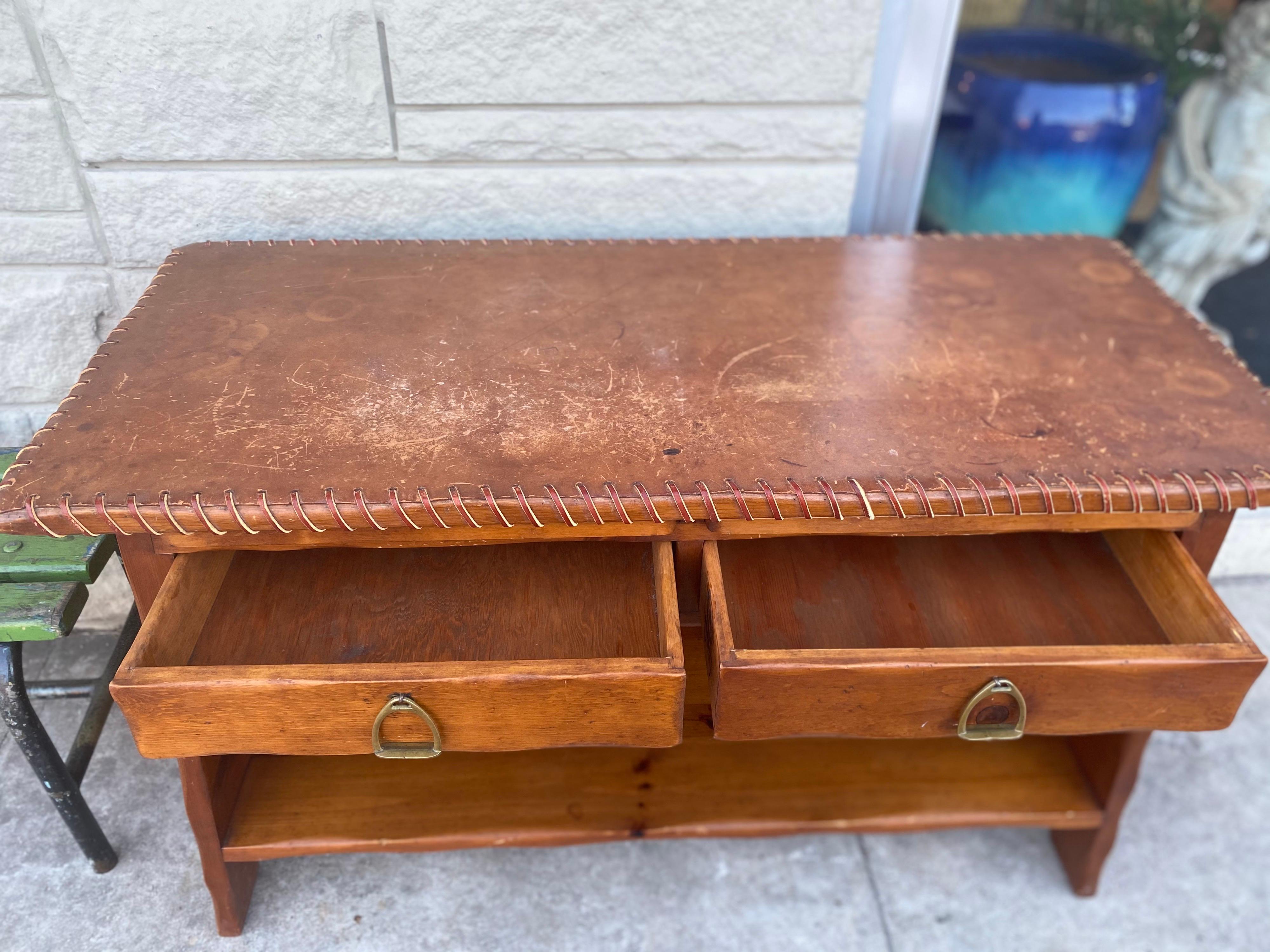 20th Century W.R Dallas Leather Top Pine Console Table