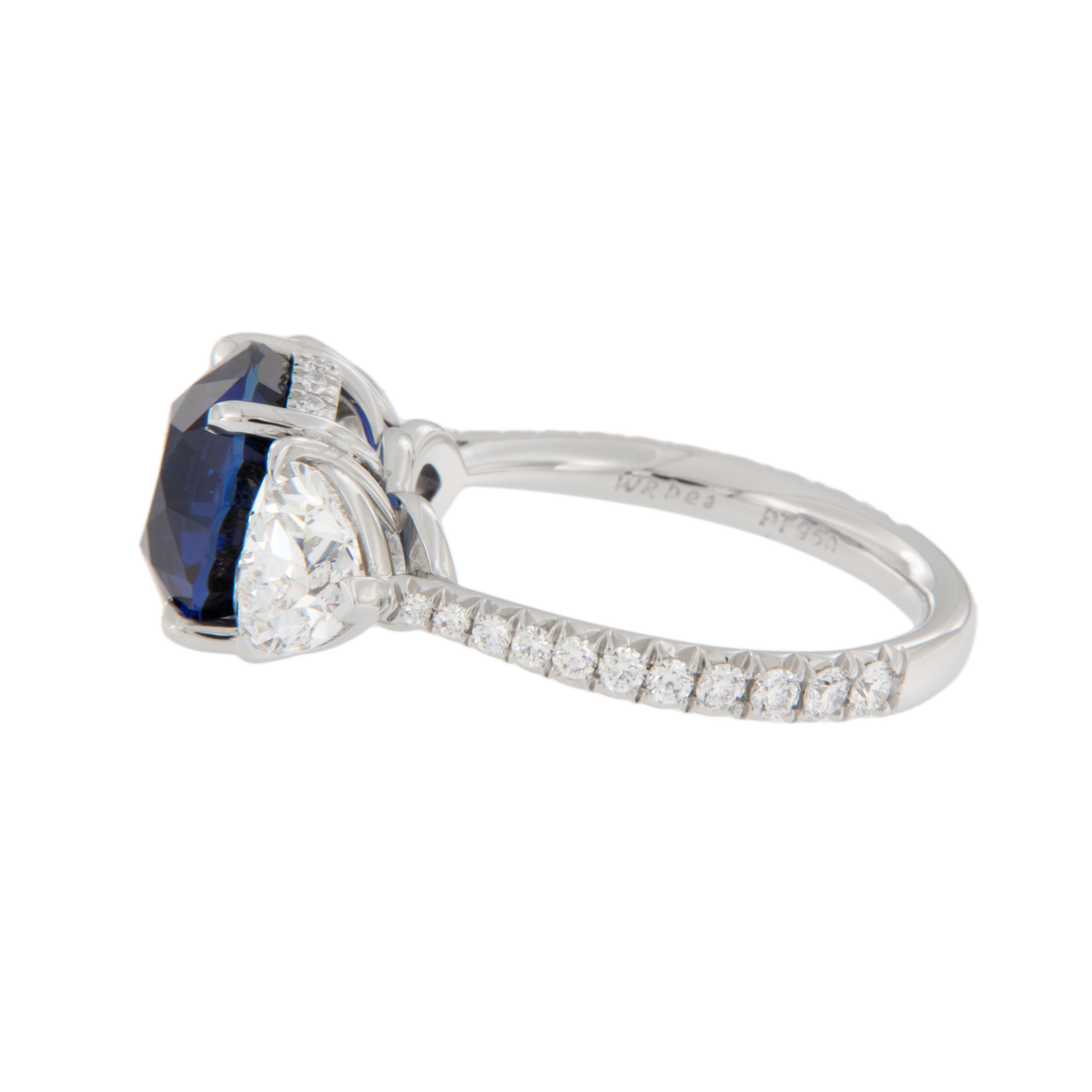Round Cut WR Designs Platinum 5.57 Ct Blue Sapphire Heart Shape Diamond Ring