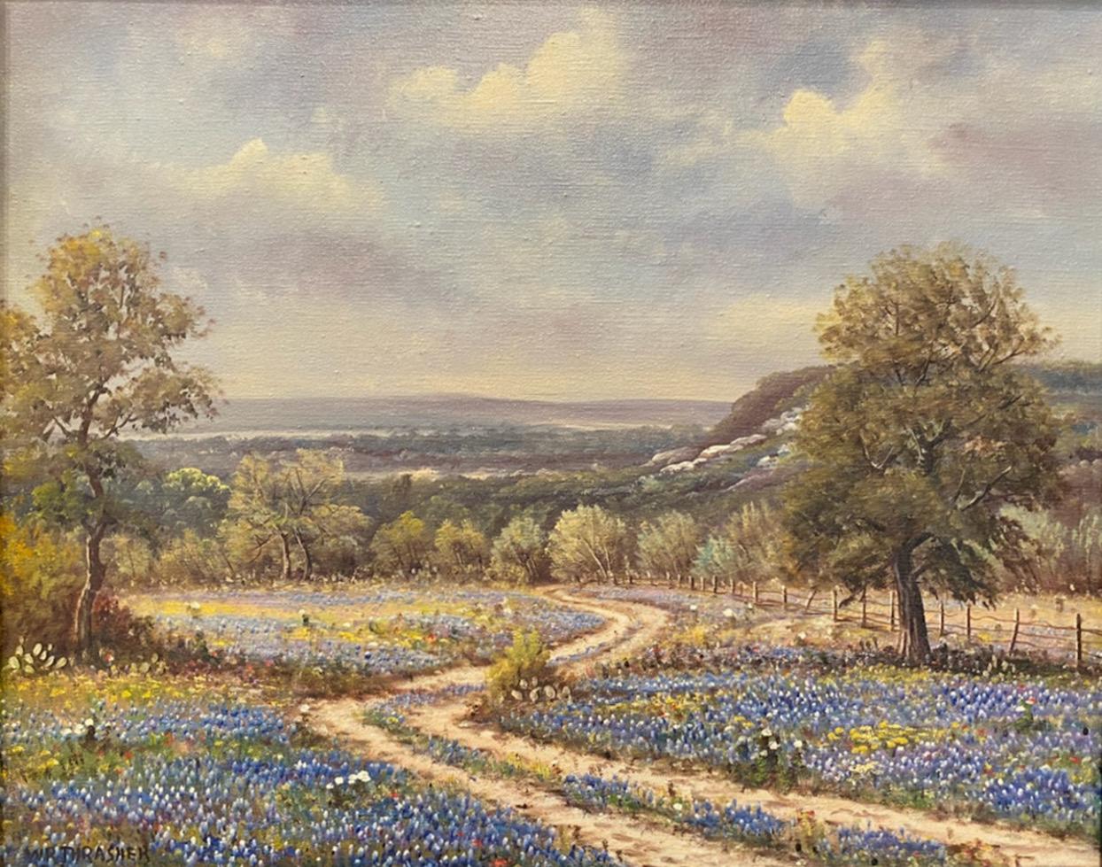 W.R. Thrasher Landscape Painting - "BLUEBONNET FENCE LINE" IMAGE SIZE 16 X 20 TEXAS HILL COUNTRY LANDSCAPE