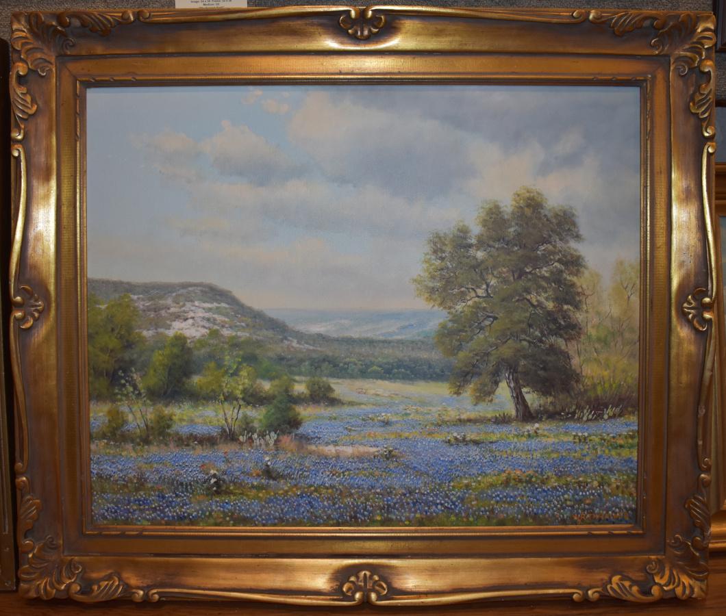 W.R. Thrasher Landscape Painting - "BLUEBONNETS IN THE HILLS" FRAME SIZE 32 X 38 TEXAS HILL COUNTRY LANDSCAPE