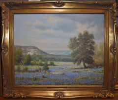 Vintage "BLUEBONNETS IN THE HILLS" FRAME SIZE 32 X 38 TEXAS HILL COUNTRY LANDSCAPE