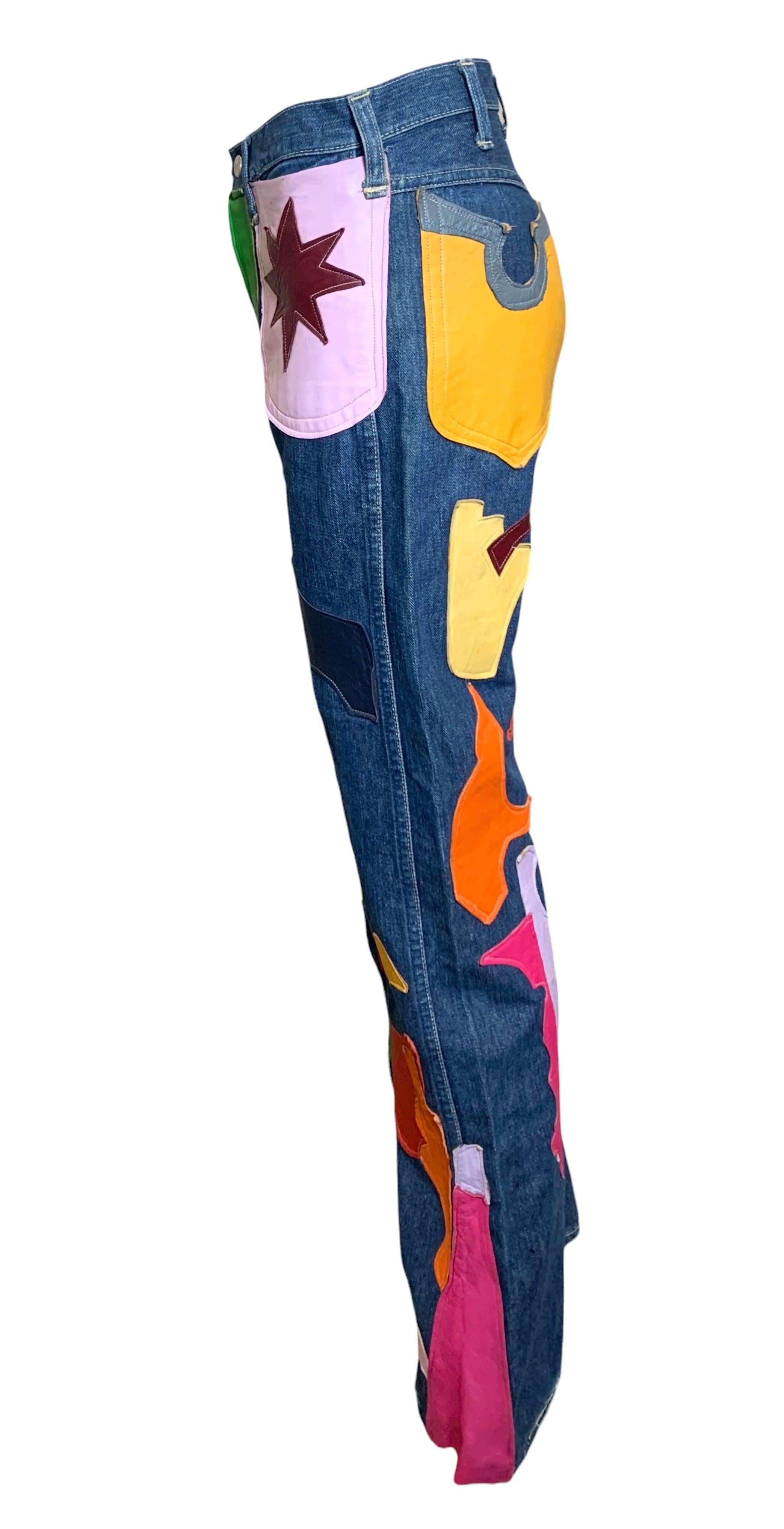Purple Wrangler Jeans with Abstract Technicolor Leather Patchwork, 1960s For Sale