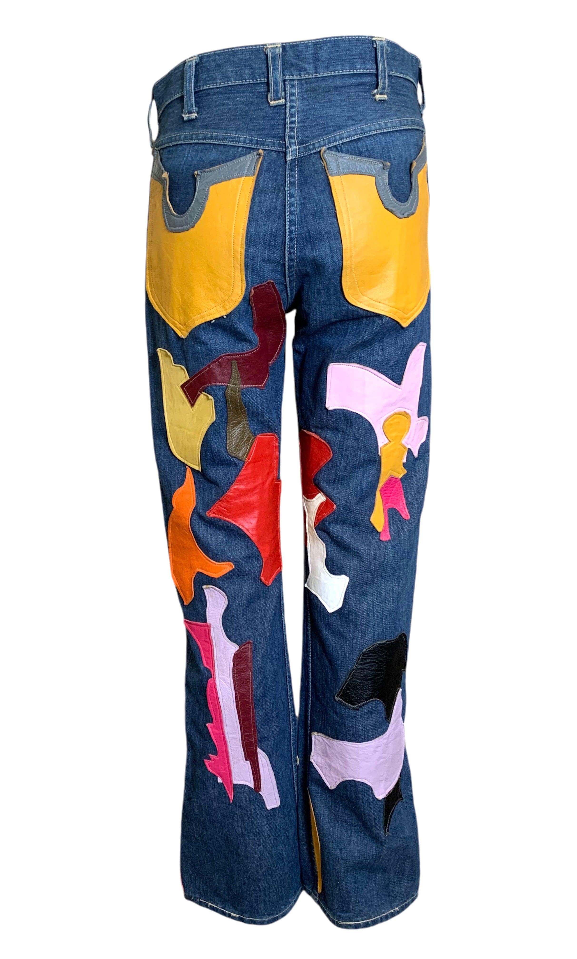 Wrangler Jeans with Abstract Technicolor Leather Patchwork, 1960s In Excellent Condition For Sale In Los Angeles, CA