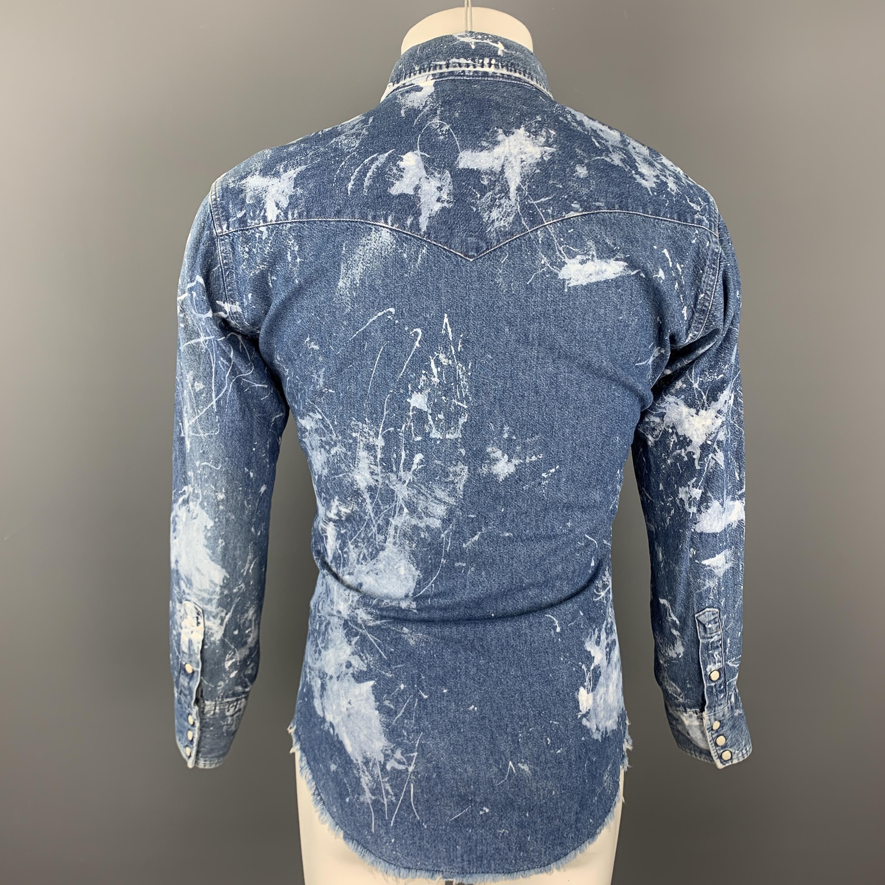 Gray WRANGLER Size XS Blue Splattered Denim Snaps Long Sleeve Shirt