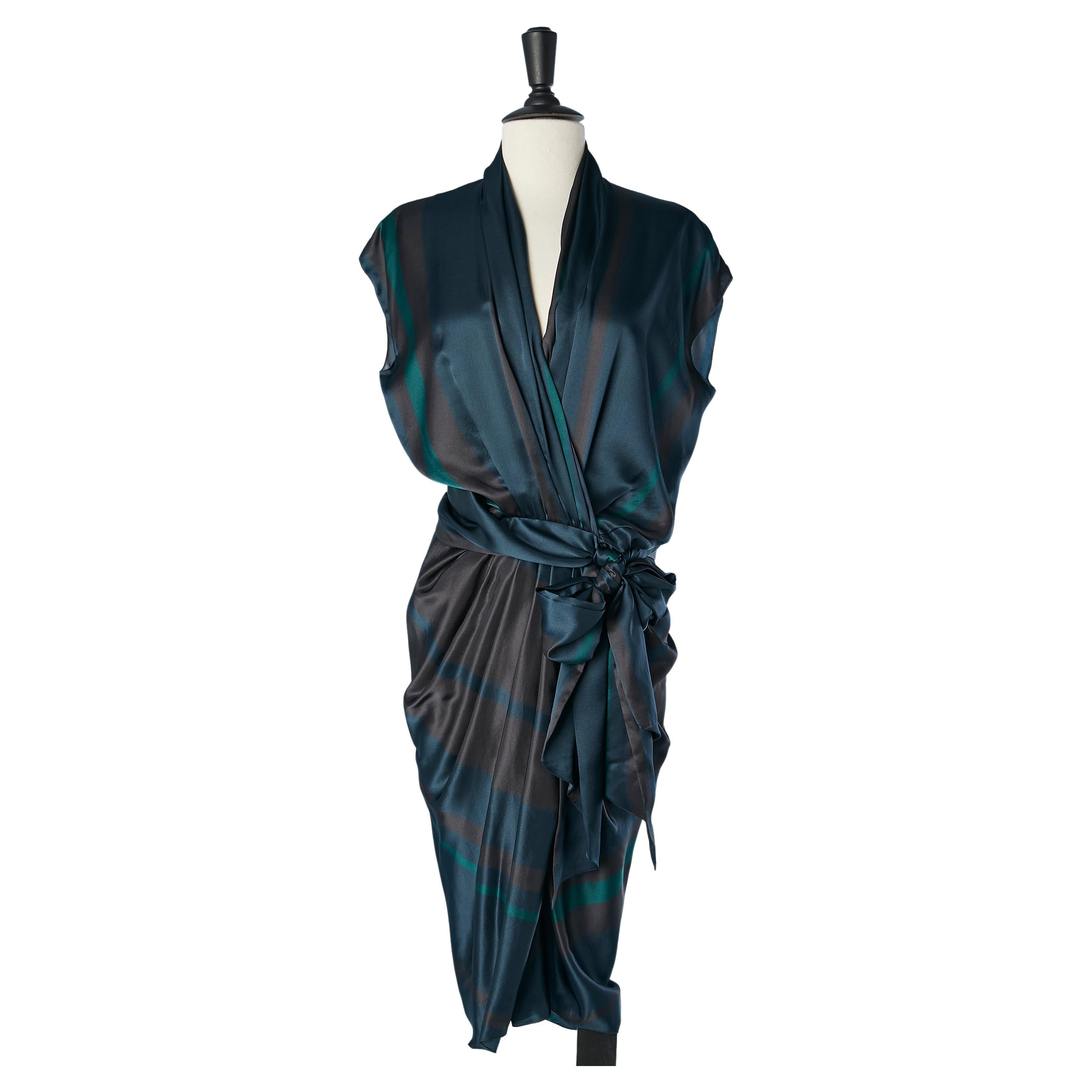 Wrap and drape silk cocktail dress with stripe pattern Lanvin by Alber Elbaz 