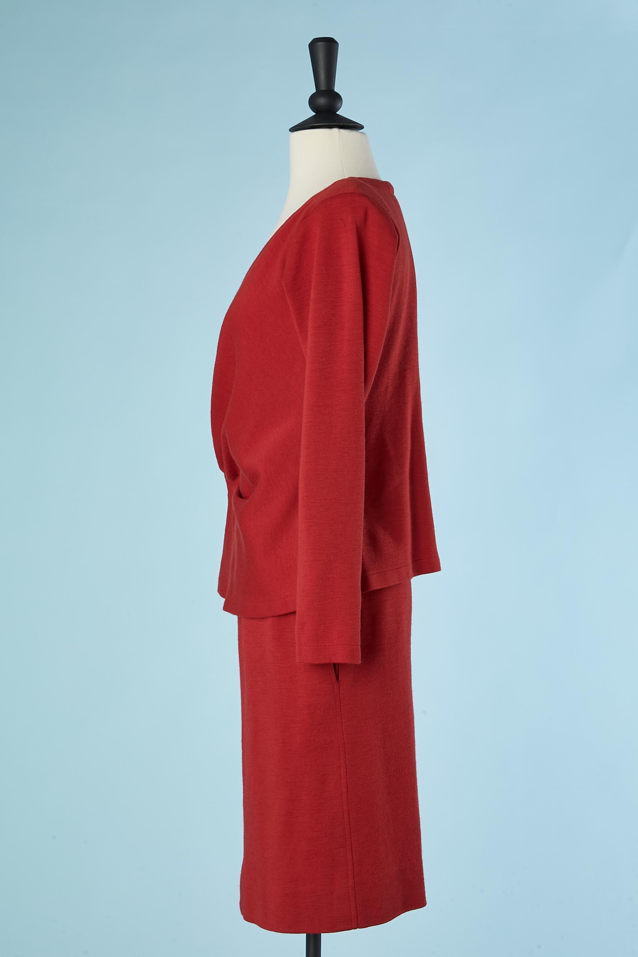 Red Wrap  and drape top in red wool jersey and skirt Saint Laurent Rive Gauche  For Sale