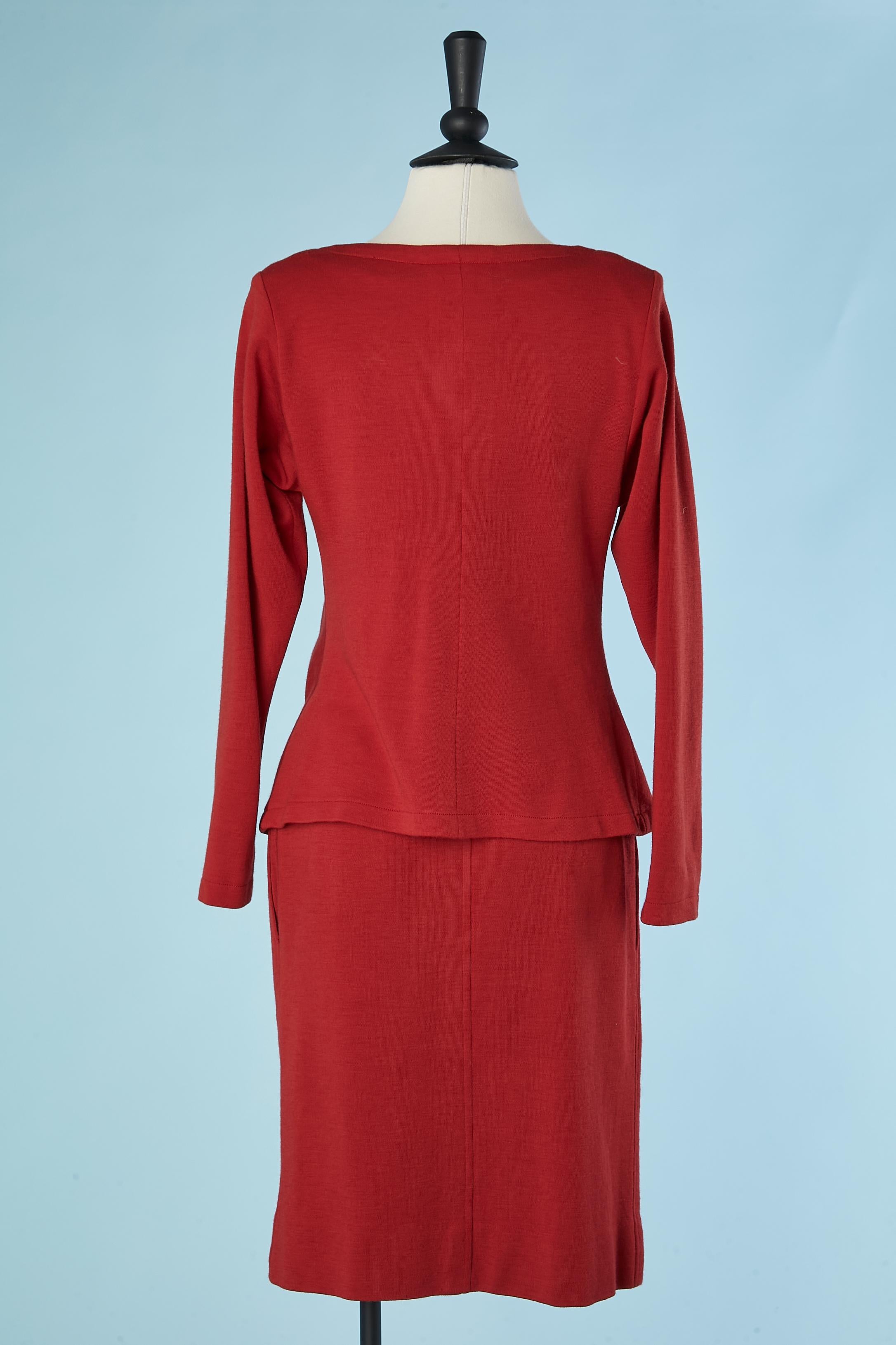 Wrap  and drape top in red wool jersey and skirt Saint Laurent Rive Gauche  In Excellent Condition For Sale In Saint-Ouen-Sur-Seine, FR
