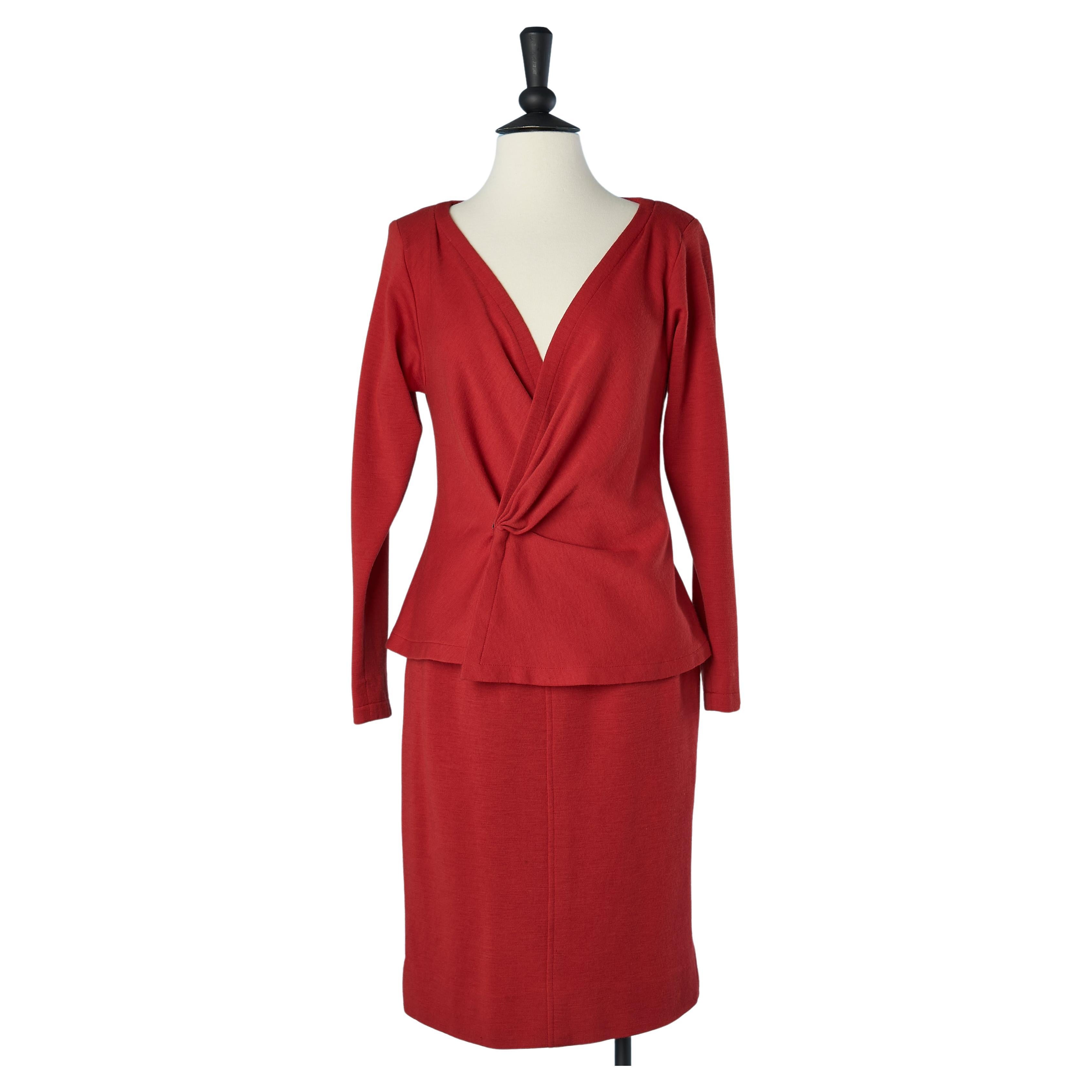 Wrap  and drape top in red wool jersey and skirt Saint Laurent Rive Gauche  For Sale