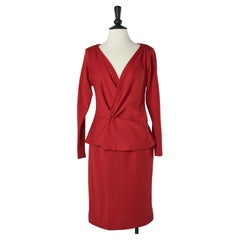 Vintage Wrap  and drape top in red wool jersey and skirt Saint Laurent Rive Gauche 