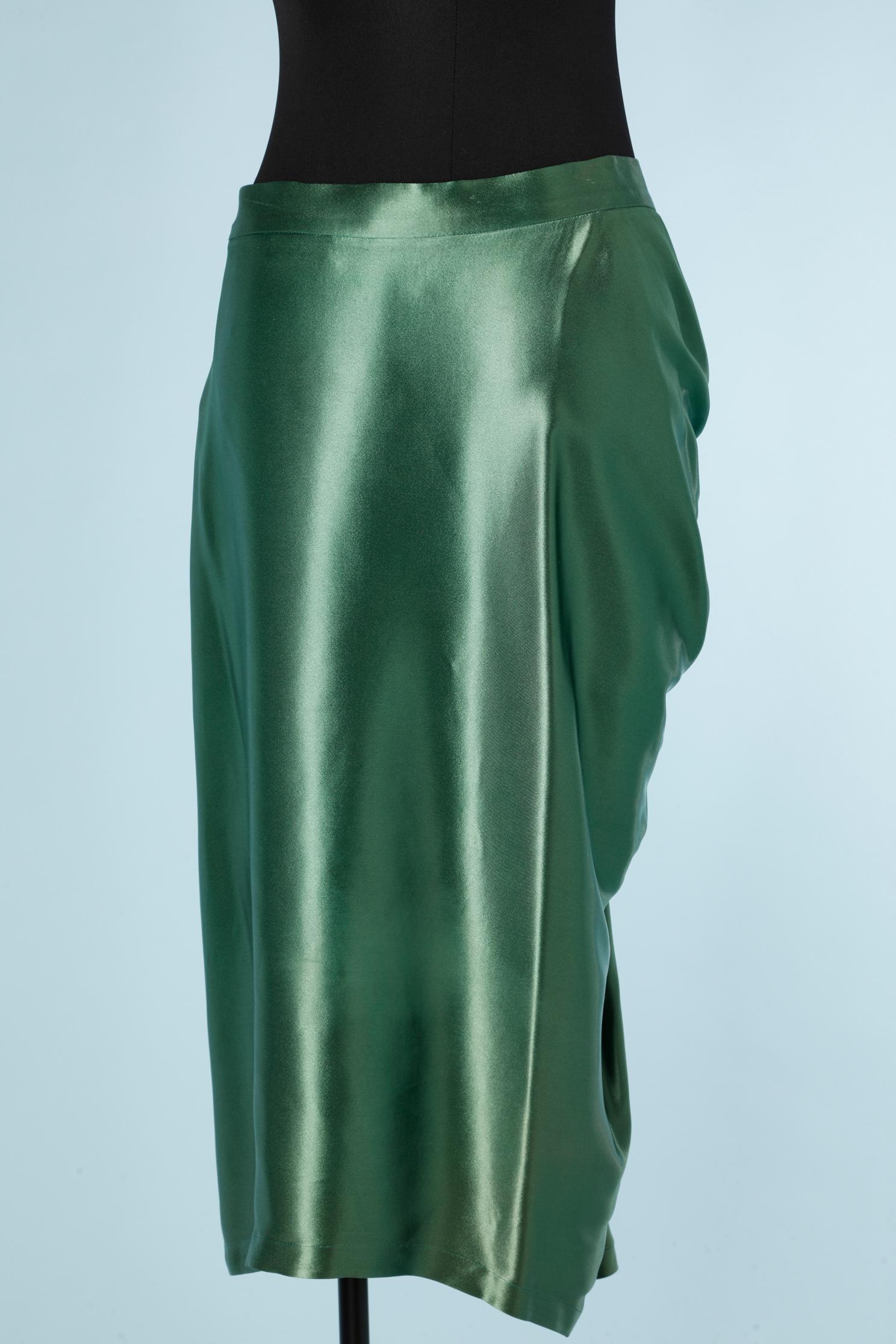 Wrap  and draped skirt in emerald silk satin Yves Saint Laurent Rive Gauche  In Good Condition For Sale In Saint-Ouen-Sur-Seine, FR