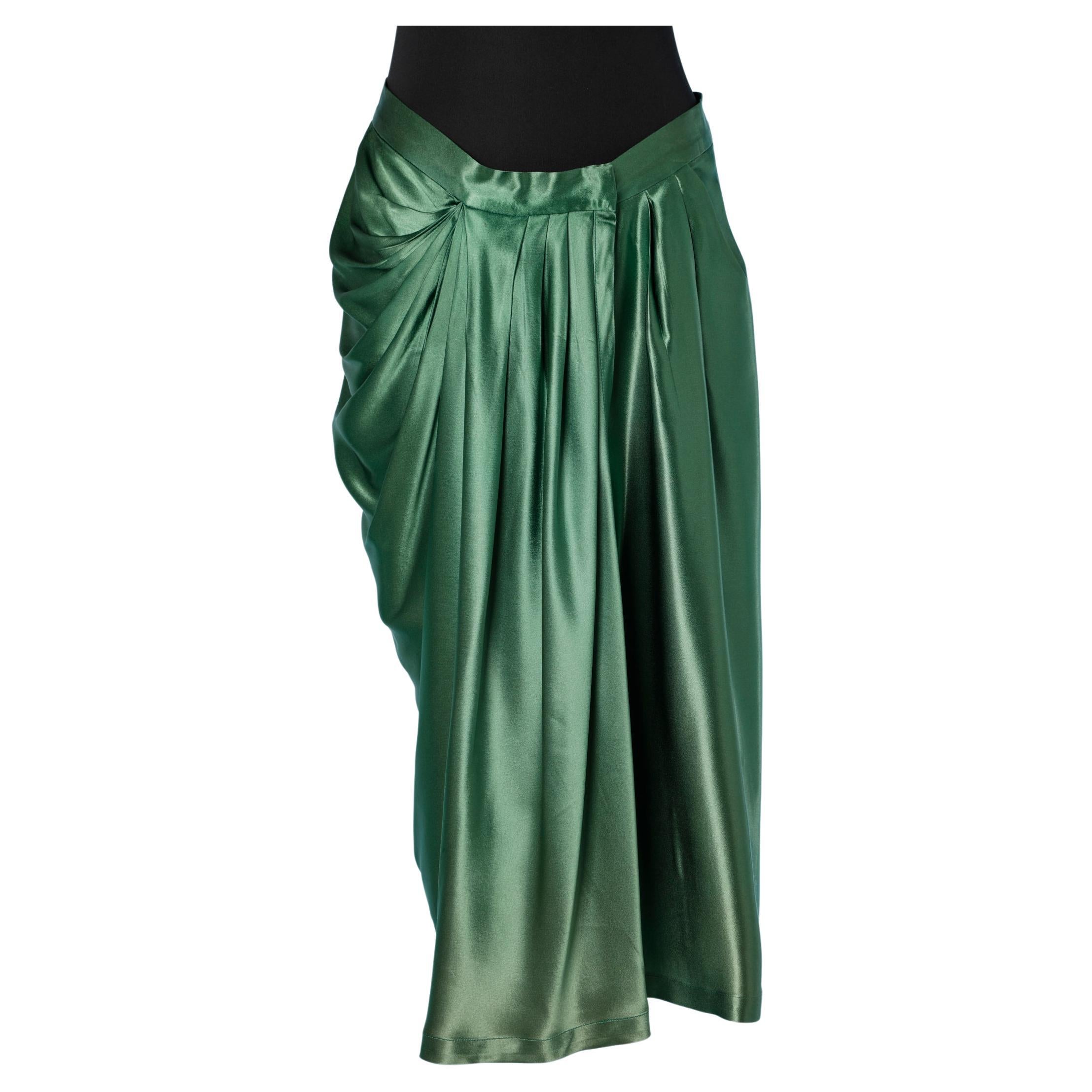Wrap  and draped skirt in emerald silk satin Yves Saint Laurent Rive Gauche  For Sale