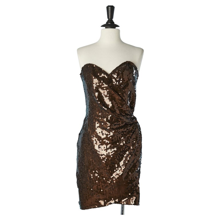 Wrap bustier cocktail dress in brown sequin Thierry Mugler