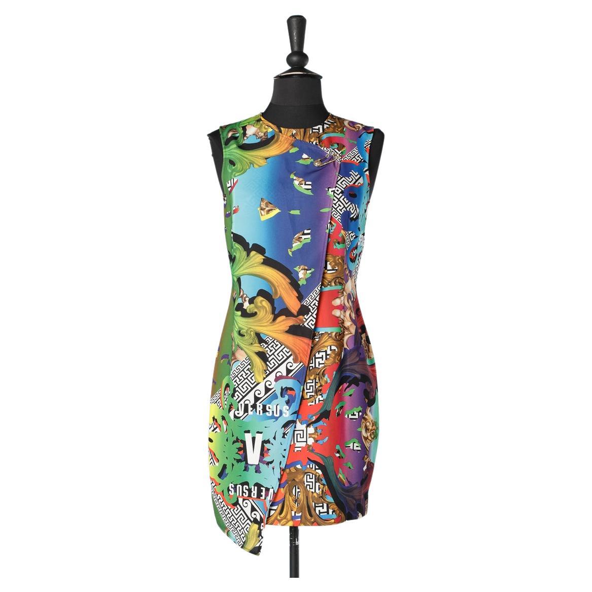 Wrap cocktail printed dress with branded safety pin embellishment Versus Versace