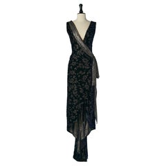 Wrap evening dress with drag in dévoré velvet, lamé and rhinestone brooch 