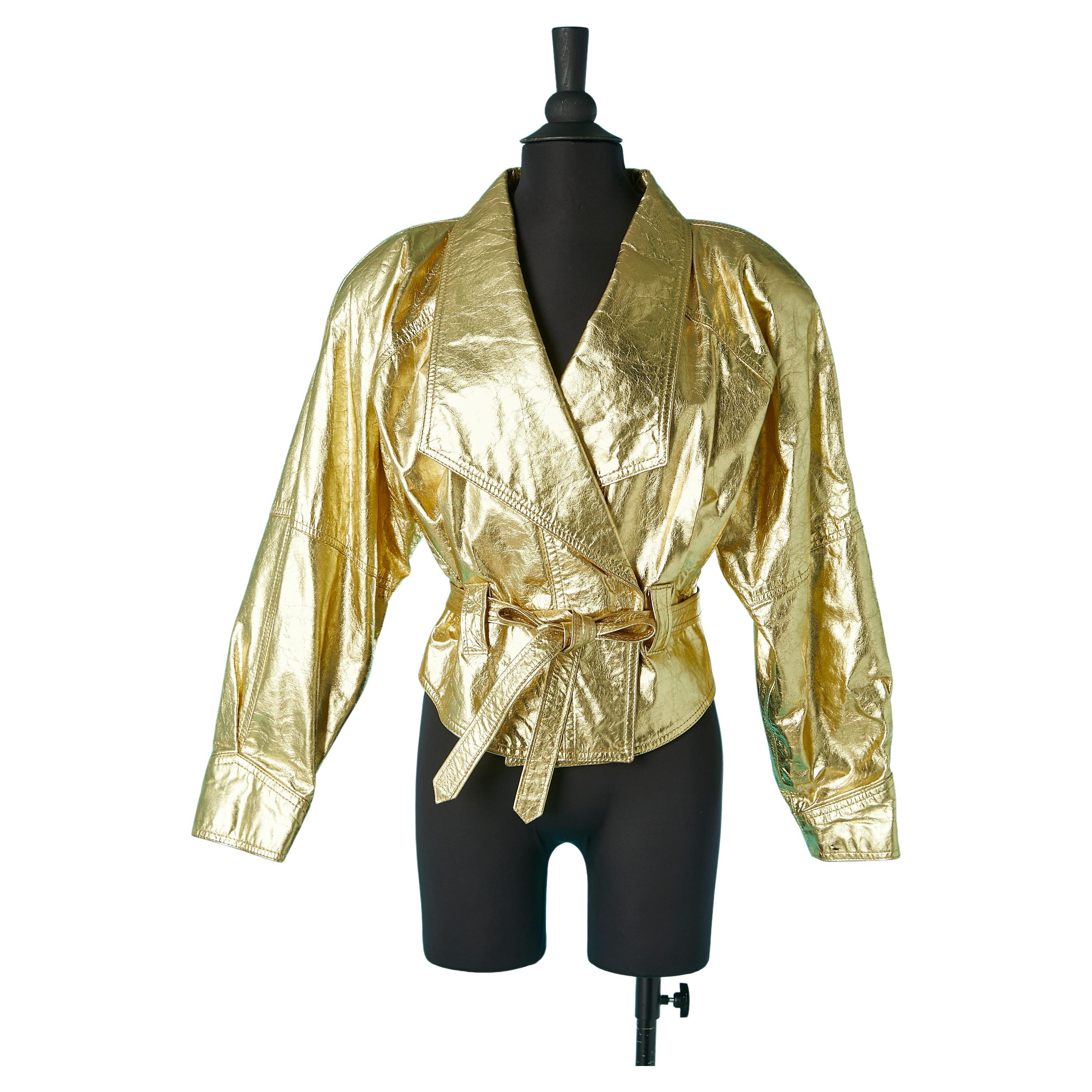Wrap gold leather jacket with crinkle effect Twin's 