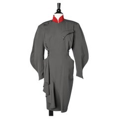 Wrap grey dress "Les Militeuses" with red collar Thierry Mugler 