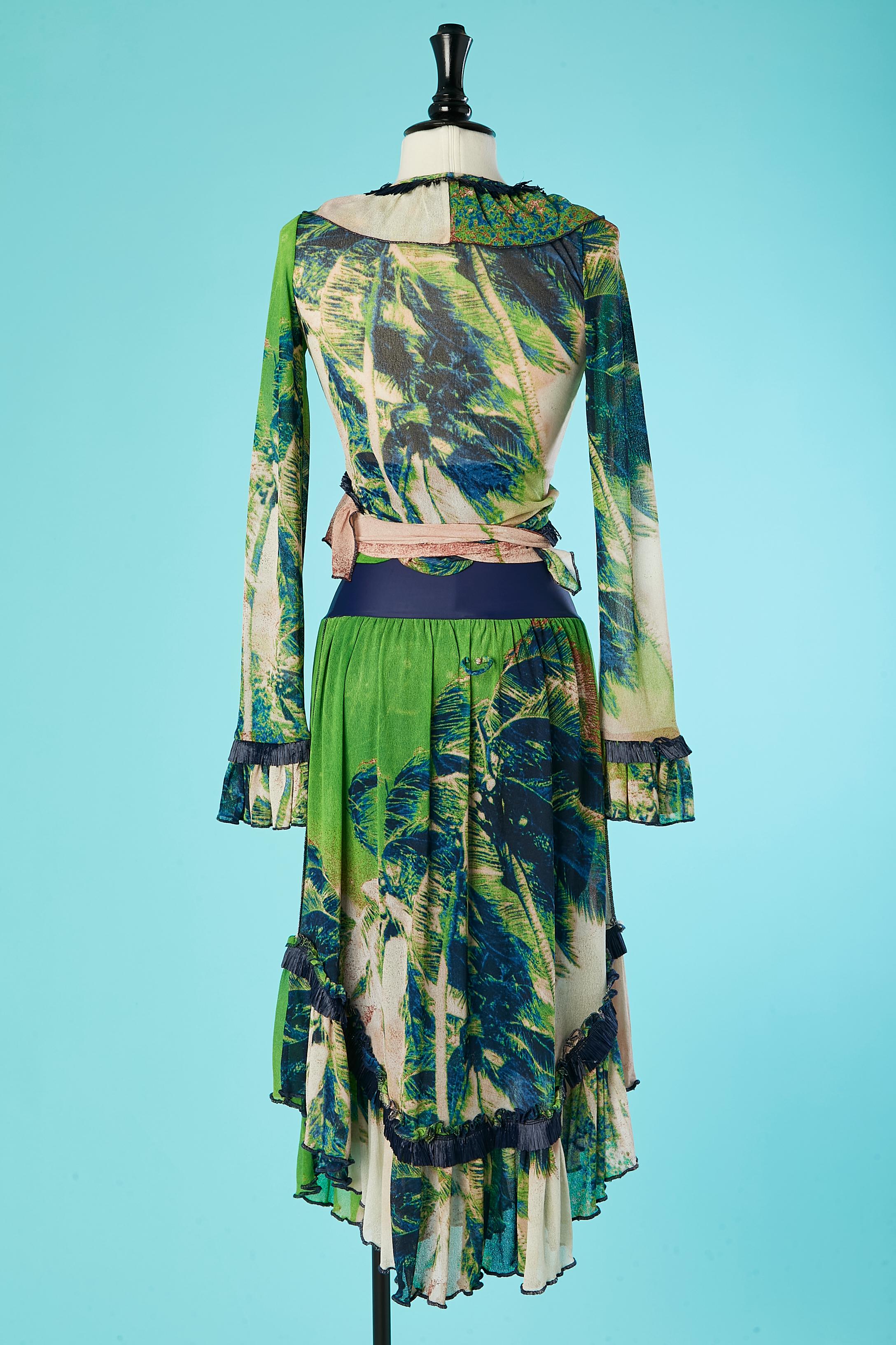 Wrap-over and skirt printed ensemble with ruffles and raffia JPGaultier  Soleil  For Sale 2