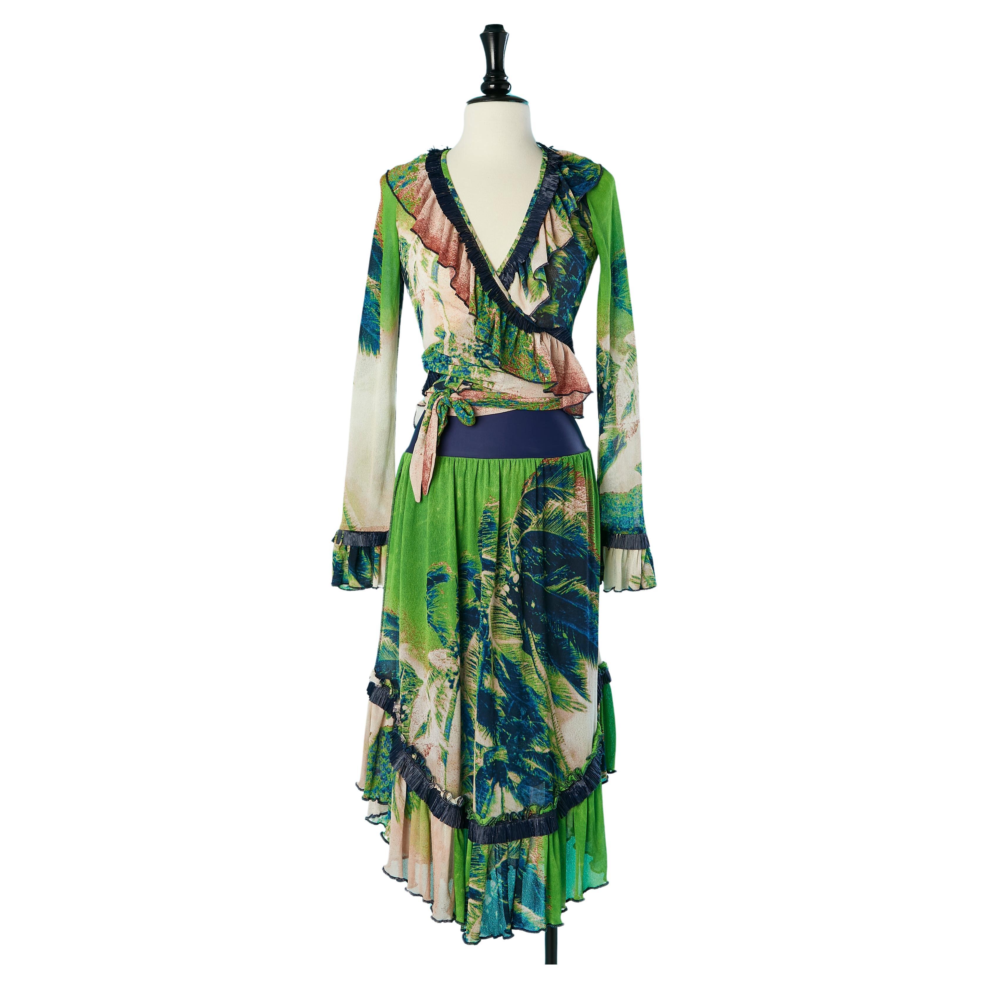 Wrap-over and skirt printed ensemble with ruffles and raffia JPGaultier  Soleil  For Sale