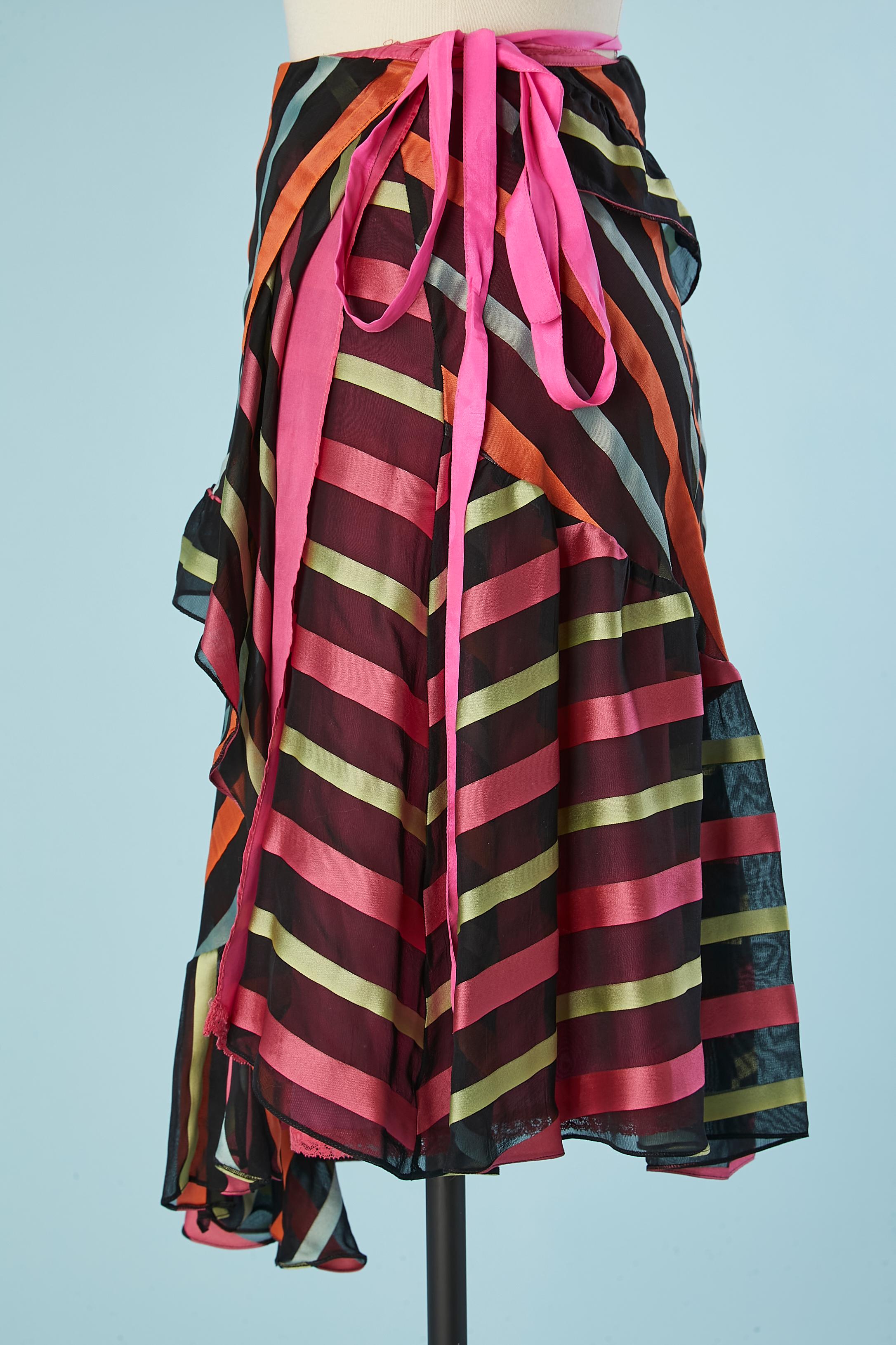 Wrap silk skirt with ruffles and stripe and pink lining Christian Lacroix Bazar  In Excellent Condition For Sale In Saint-Ouen-Sur-Seine, FR