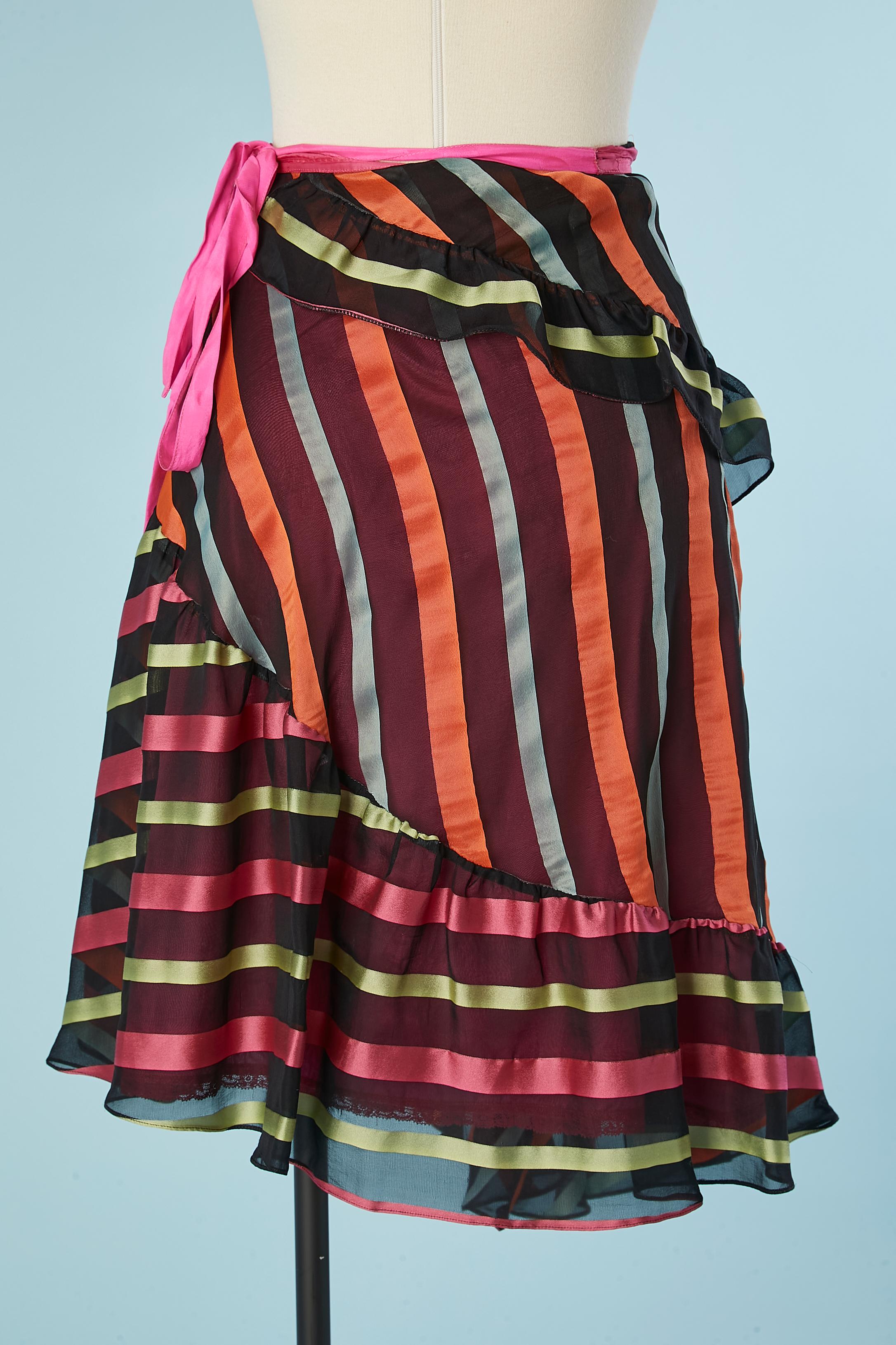 Women's Wrap silk skirt with ruffles and stripe and pink lining Christian Lacroix Bazar  For Sale
