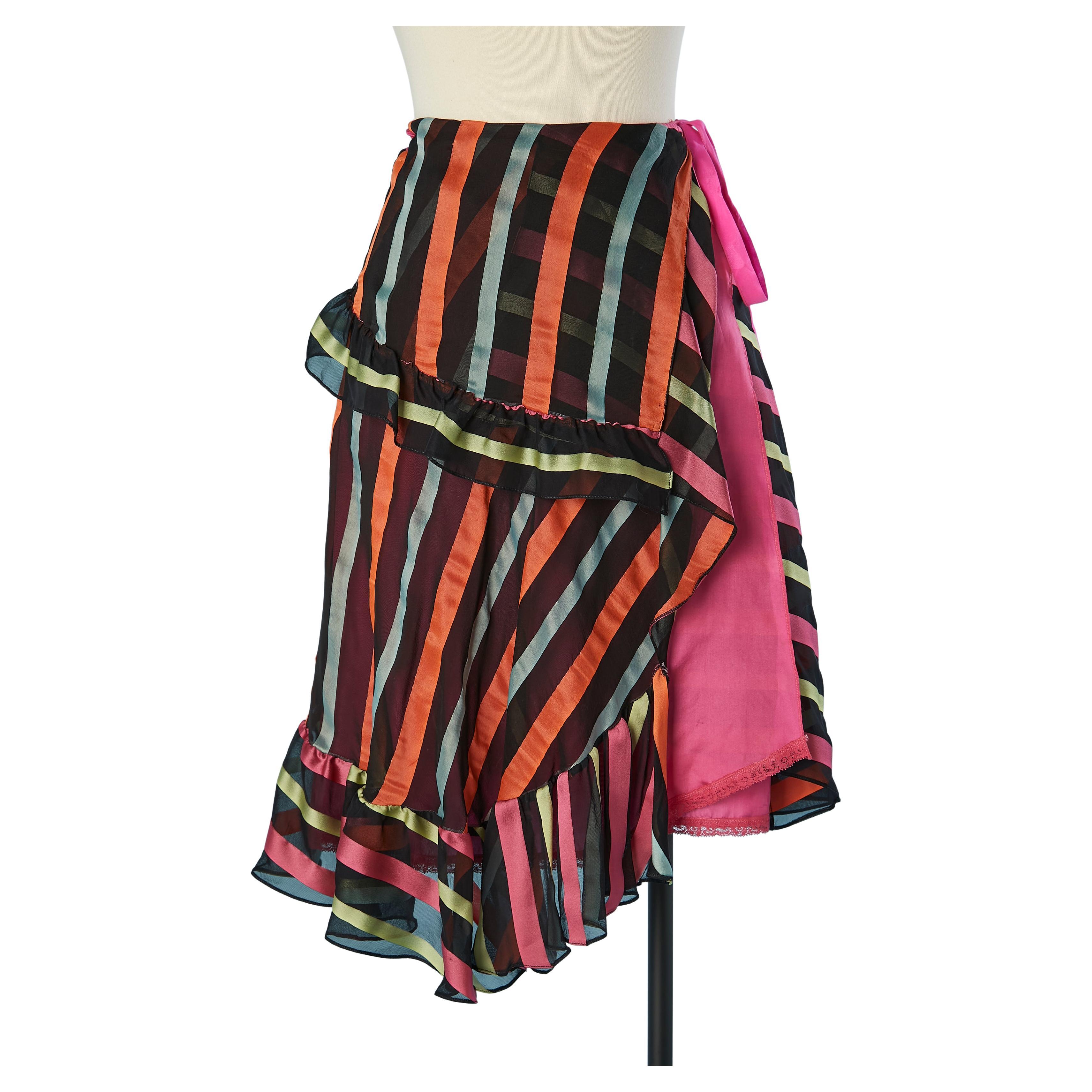 Wrap silk skirt with ruffles and stripe and pink lining Christian Lacroix Bazar  For Sale