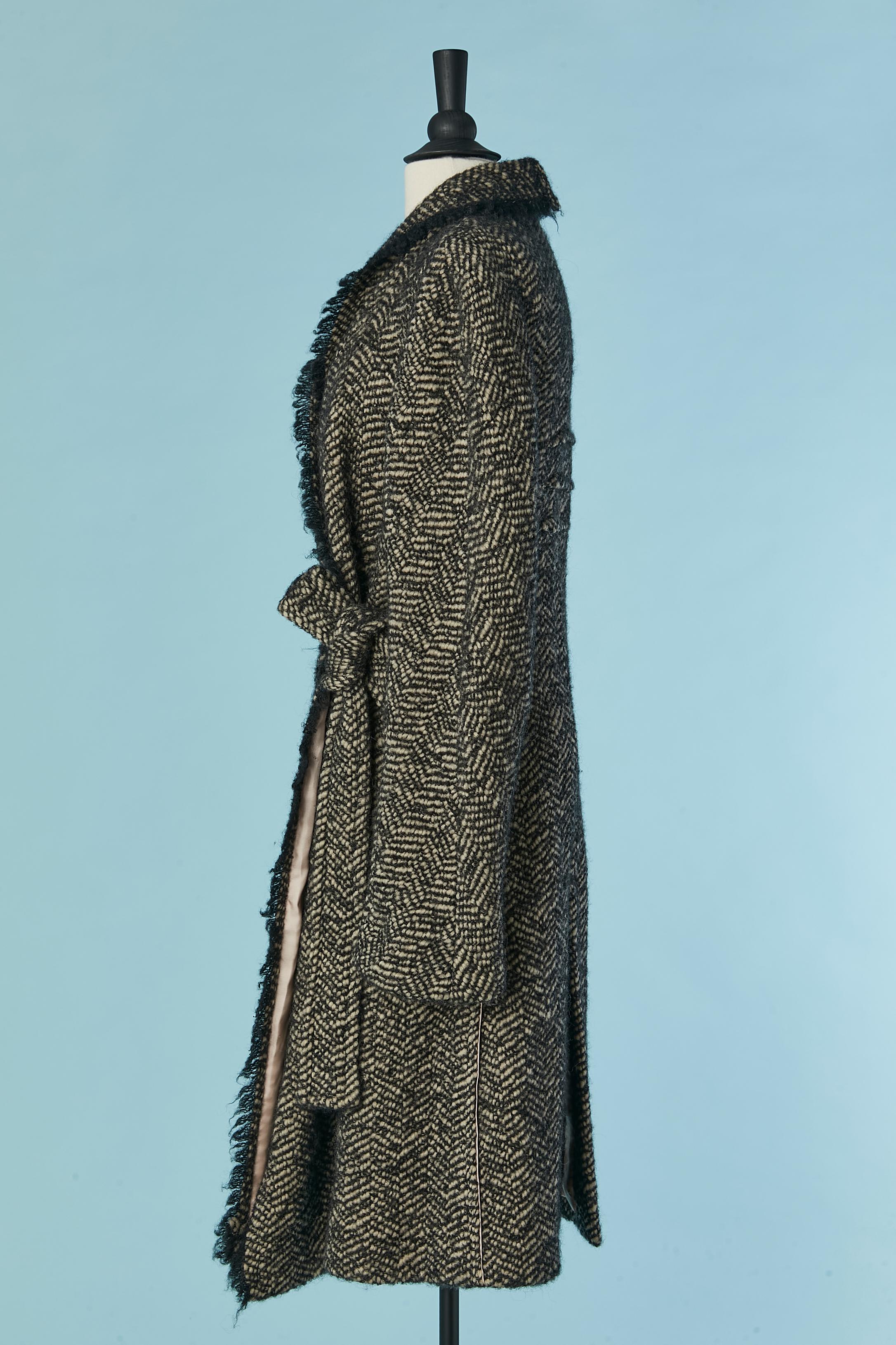Manteau enveloppant en laine à chevrons avec bordures à franges, poches et découpes Sonia Rykiel Pour femmes en vente