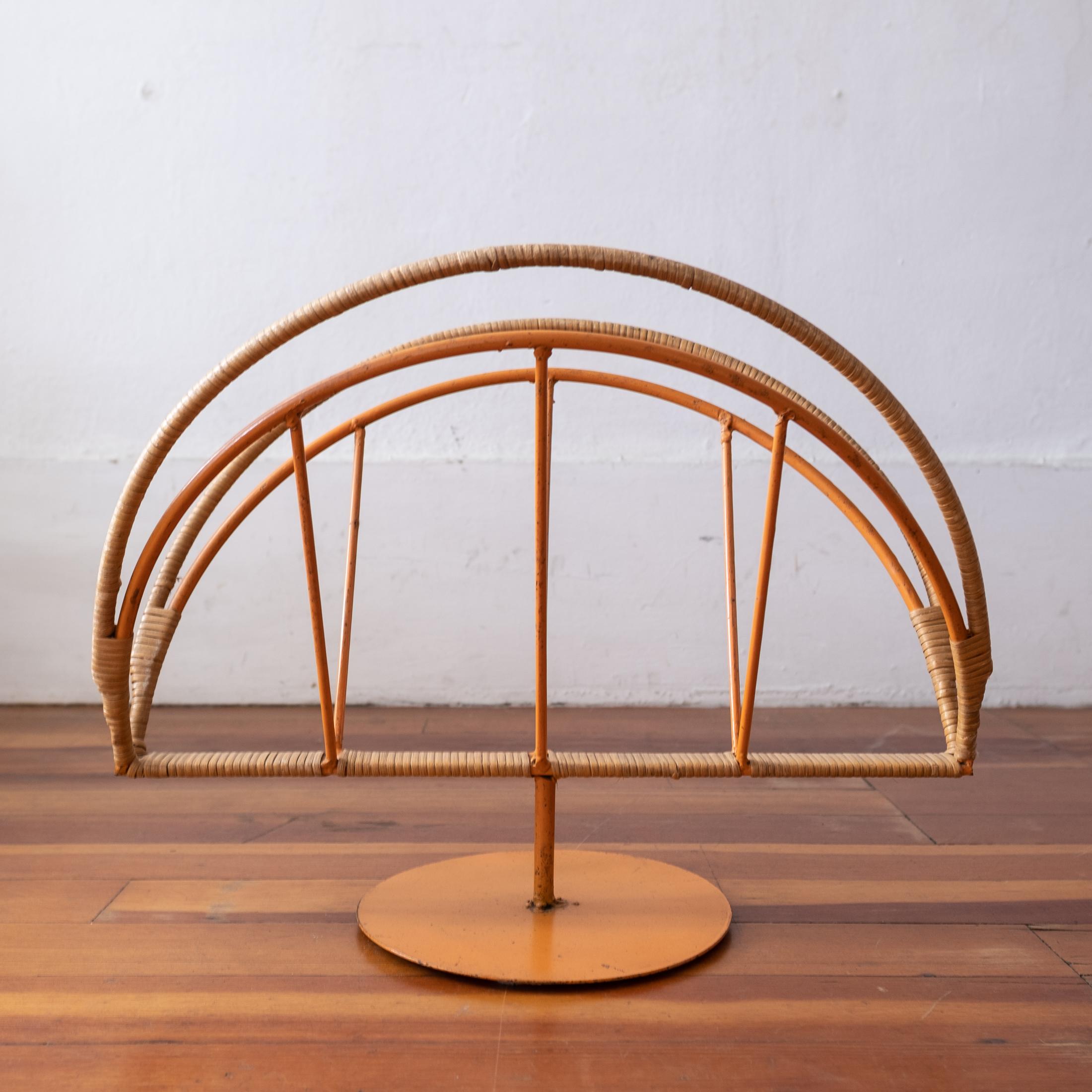 Mid-Century Modern Wrapped Cane and Iron Magazine Holder by Arthur Umanoff for Raymor For Sale
