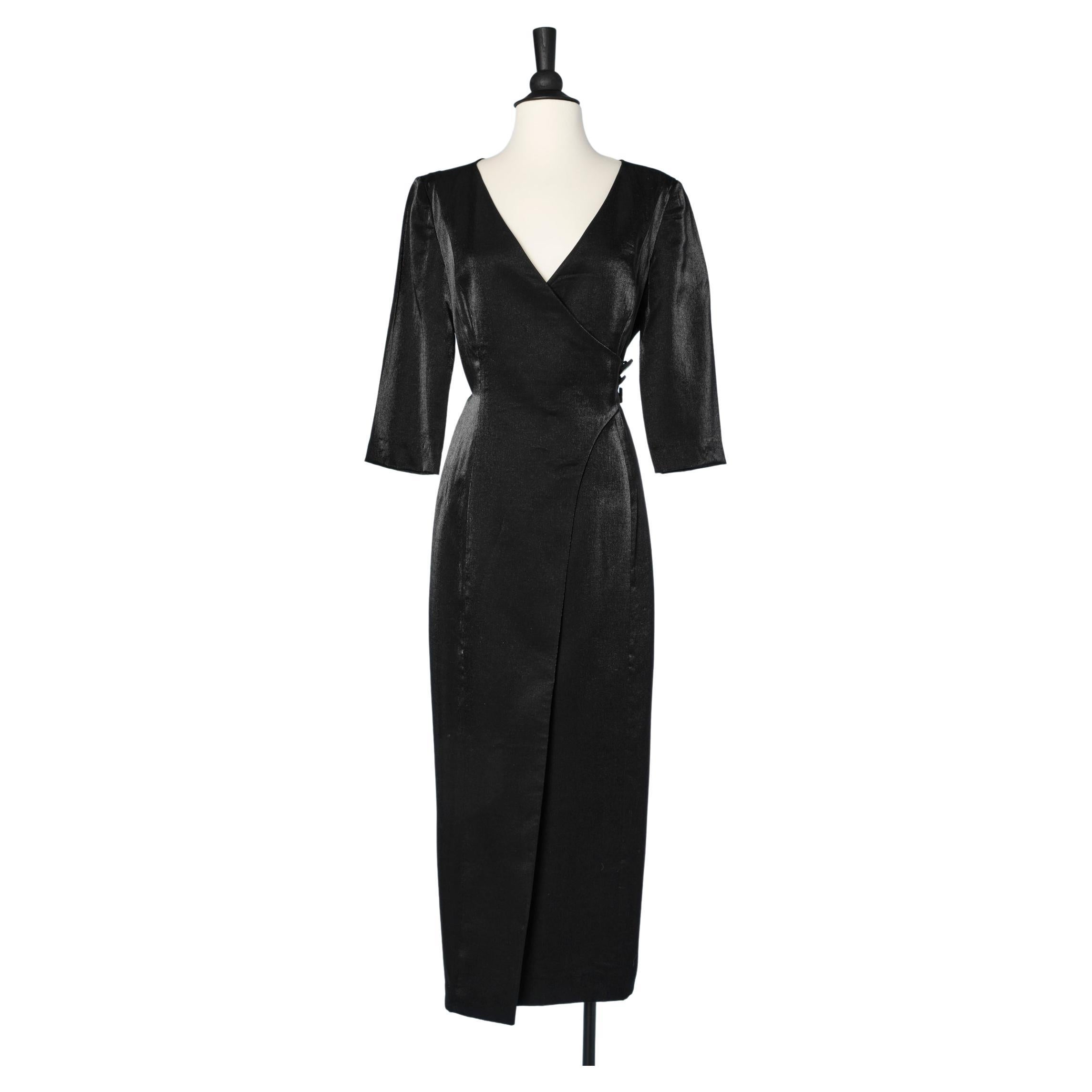 Wrapped cocktail dress in black shiny rayon and side buttons Paco Rabanne 