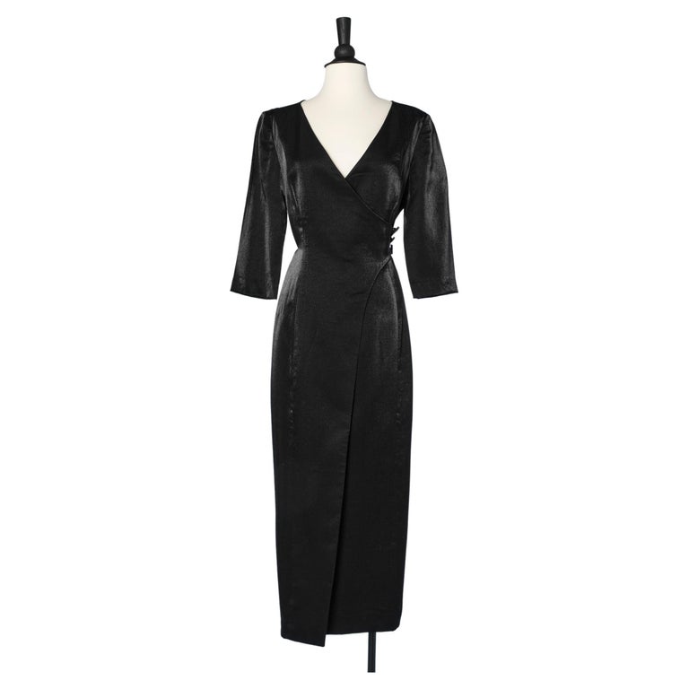 Wrapped cocktail dress in black shiny rayon and side buttons Paco Rabanne  For Sale