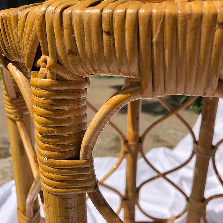 Rattan or bamboo wrapped stool with gorgeous bentwood overlapping design around the sides. A great piece for additional seating in a living room, under a credenza, or as an accent piece in an entryway. A nod to the style of Rosenthal Netter or Milo