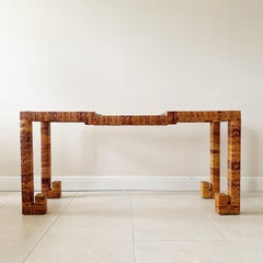 Wrapped Rattan Coastal Tiered Glass Top Vintage Console