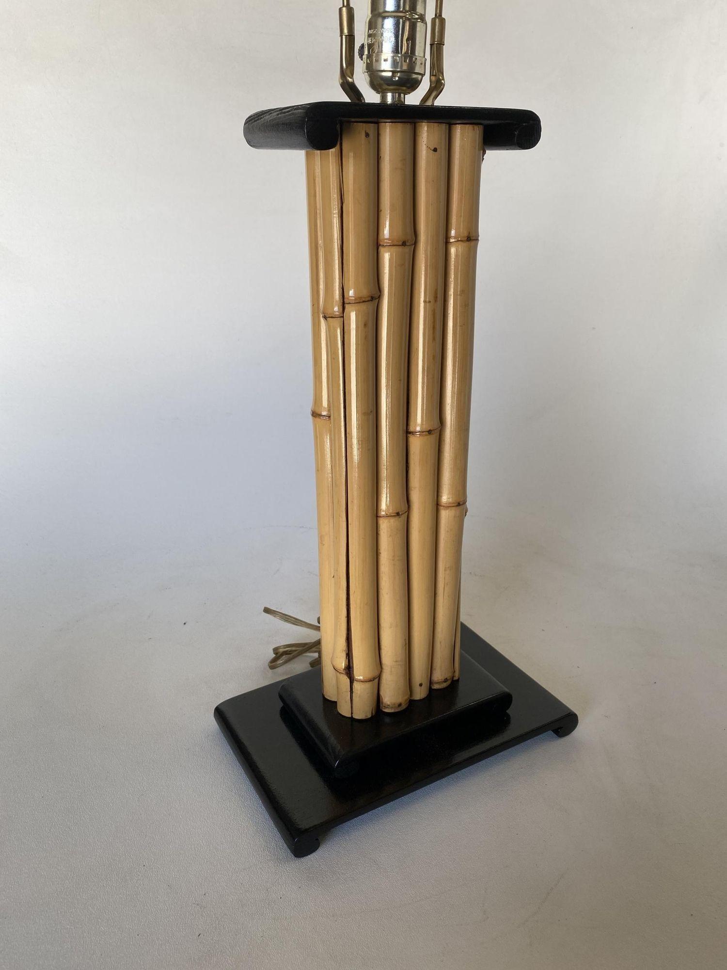 Mid-Century Modern Wrapped Rattan Pole Lamp W/ Black Demi Base For Sale