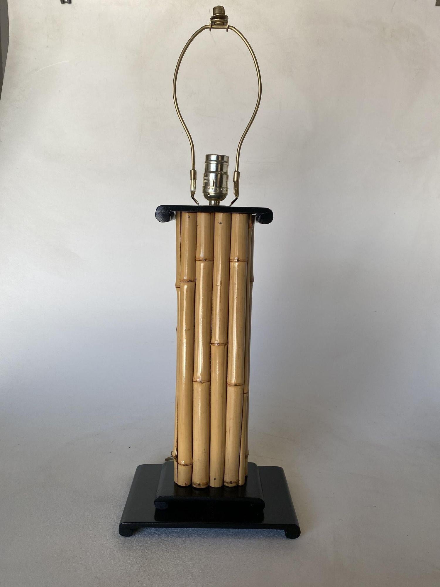 American Wrapped Rattan Pole Lamp W/ Black Demi Base For Sale