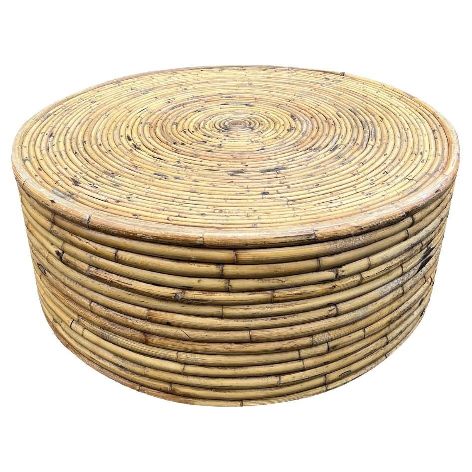 Wrapped Rattan Wicker Round Natural Coffee Table in Coastal Boho Chic Style