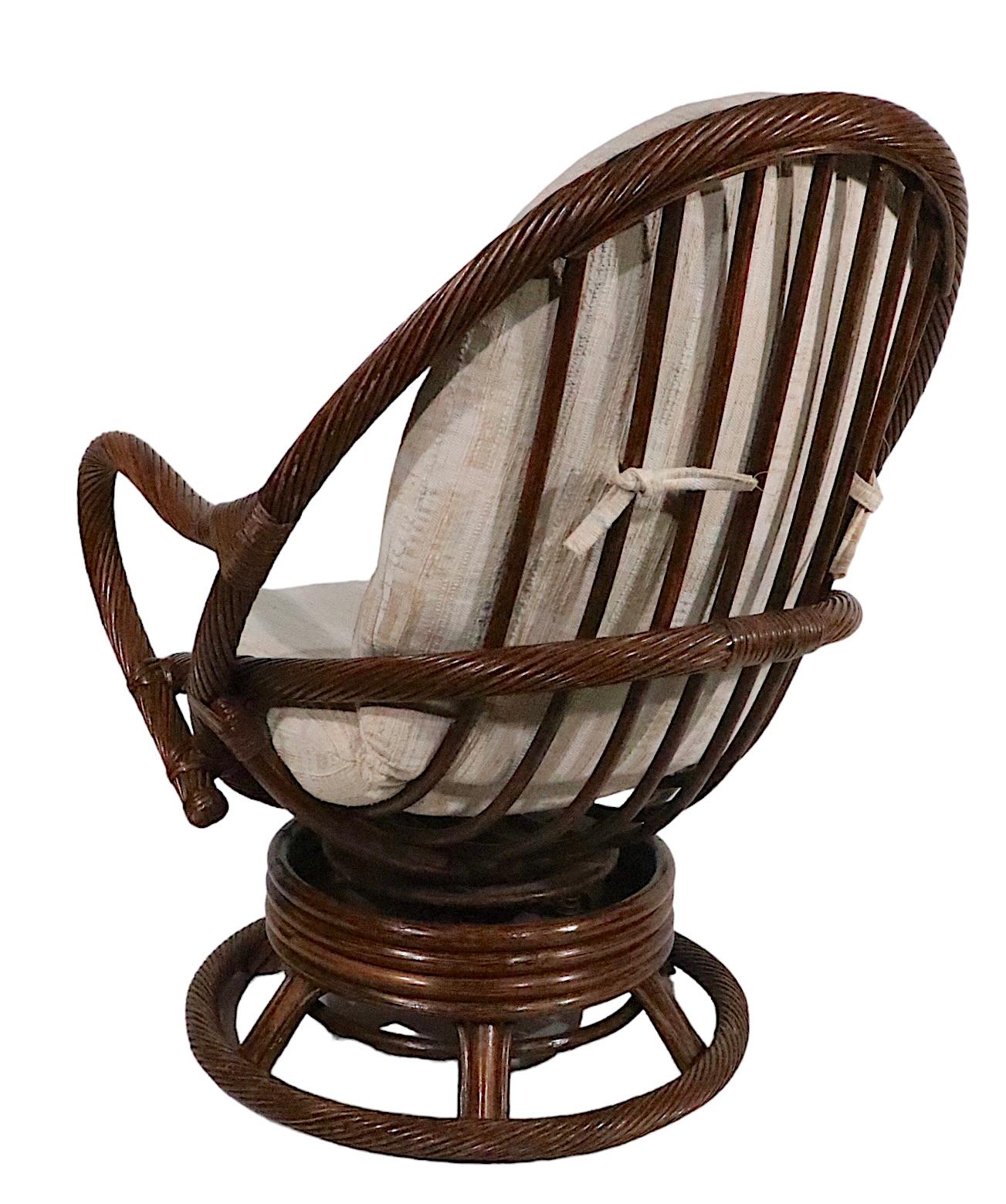 Wrapped Reed and Bamboo Swivel Tilt Lounge Chair c. 1970's For Sale 1