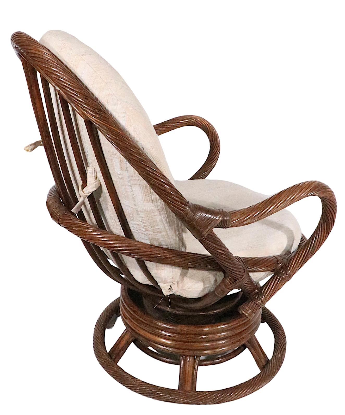 Late 20th Century Wrapped Reed and Bamboo Swivel Tilt Lounge Chair c. 1970's For Sale