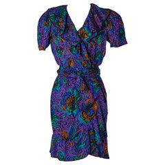 Wrapped silk jacquard printed dress with belt Saint Laurent Rive Gauche 1980
s