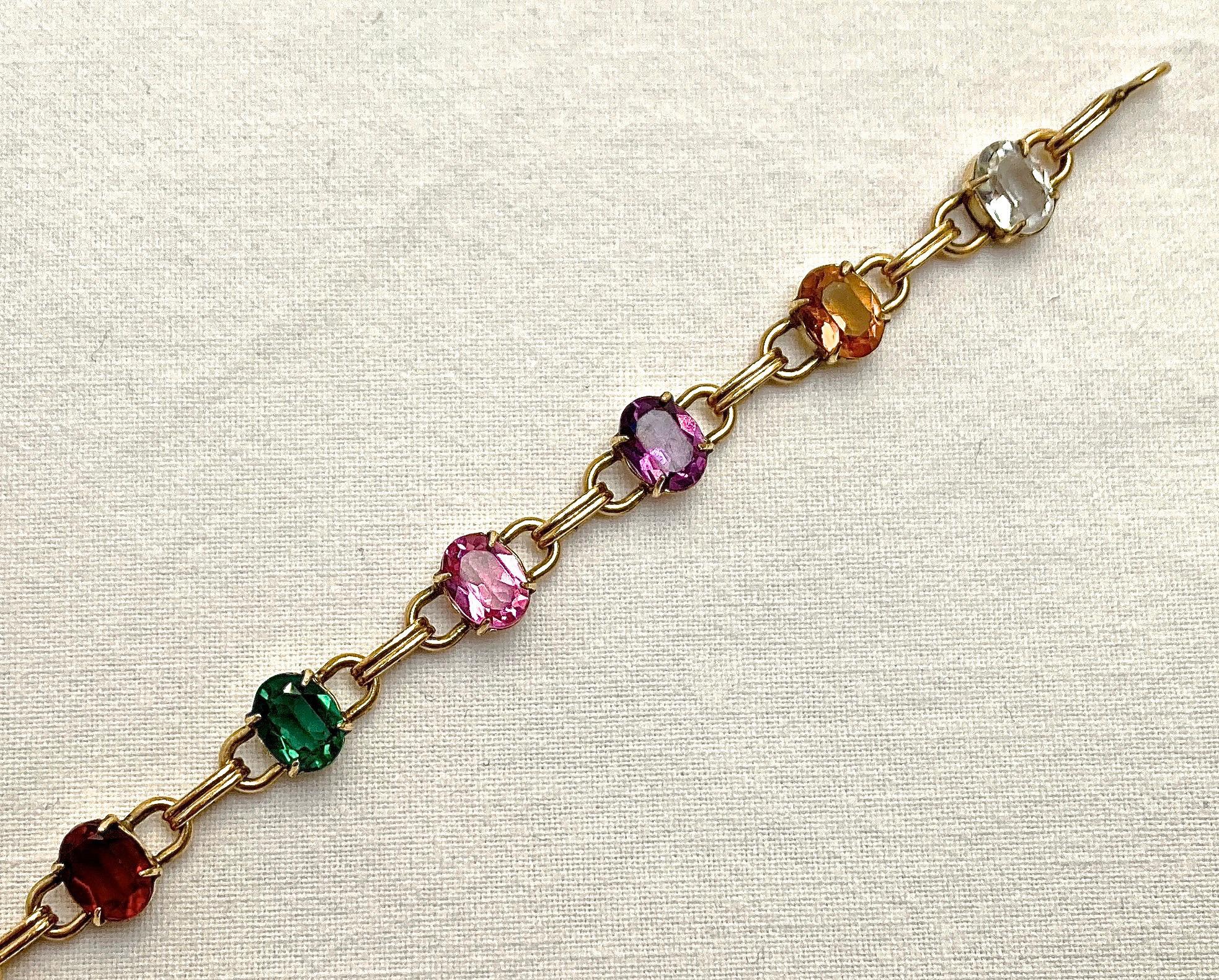 WRE 12K Gold Filled Harlequin Glass Link Bracelet circa 1950s In Good Condition In London, GB