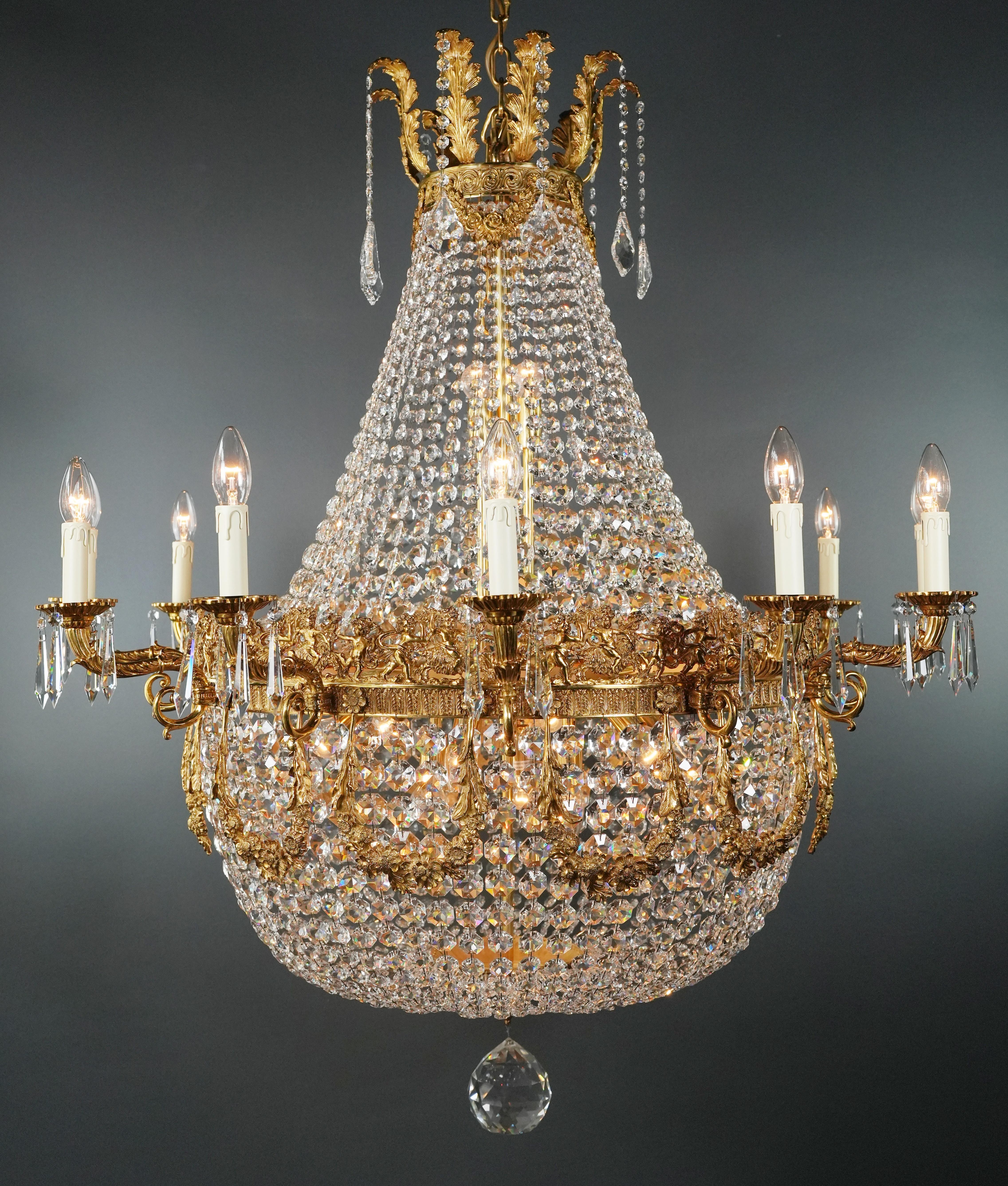 French Provincial Wreat Brass Basket Empire Sac a Pearl Chandelier Crystal and Antique Gold For Sale