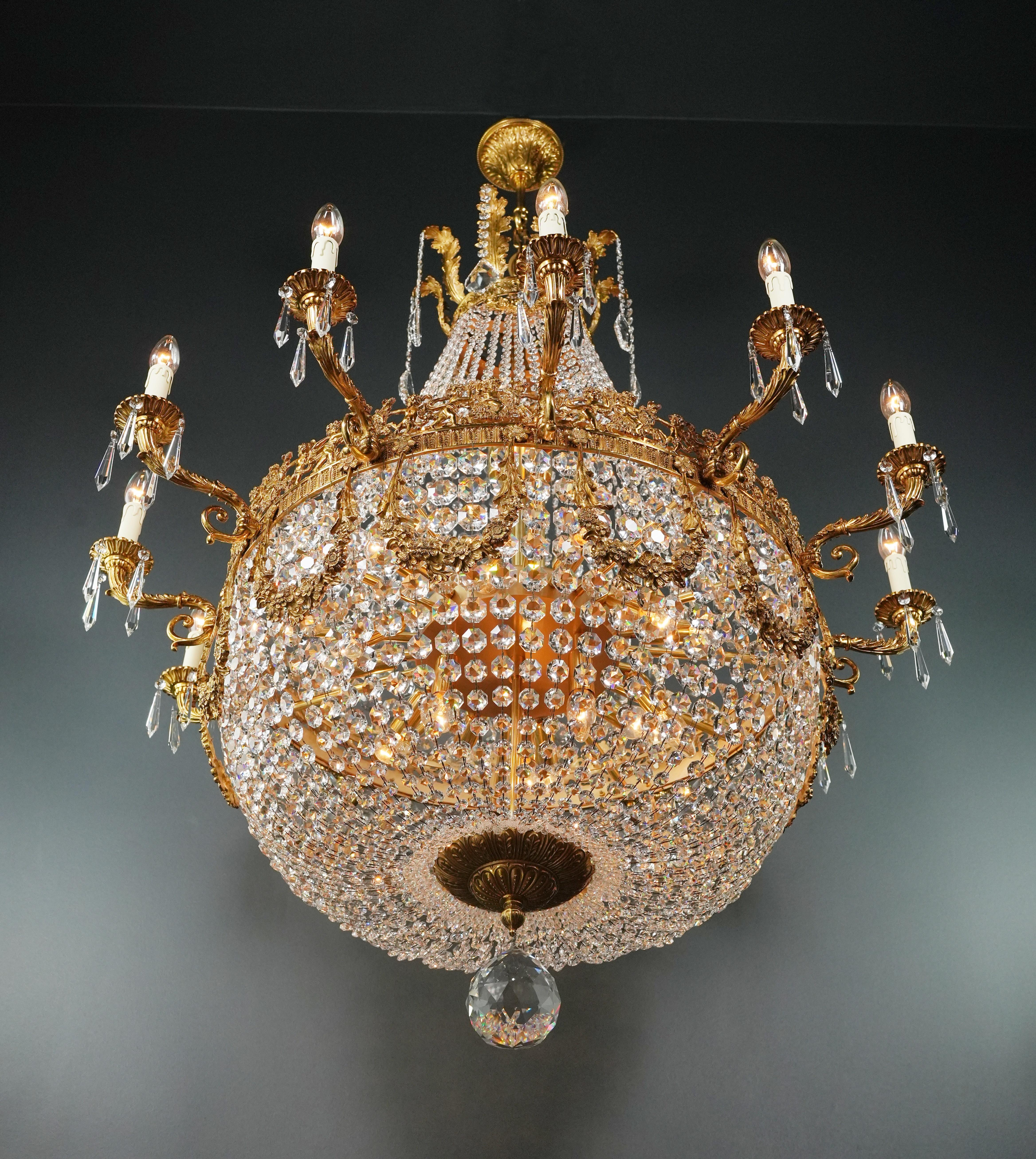 German Wreat Brass Basket Empire Sac a Pearl Chandelier Crystal and Antique Gold For Sale