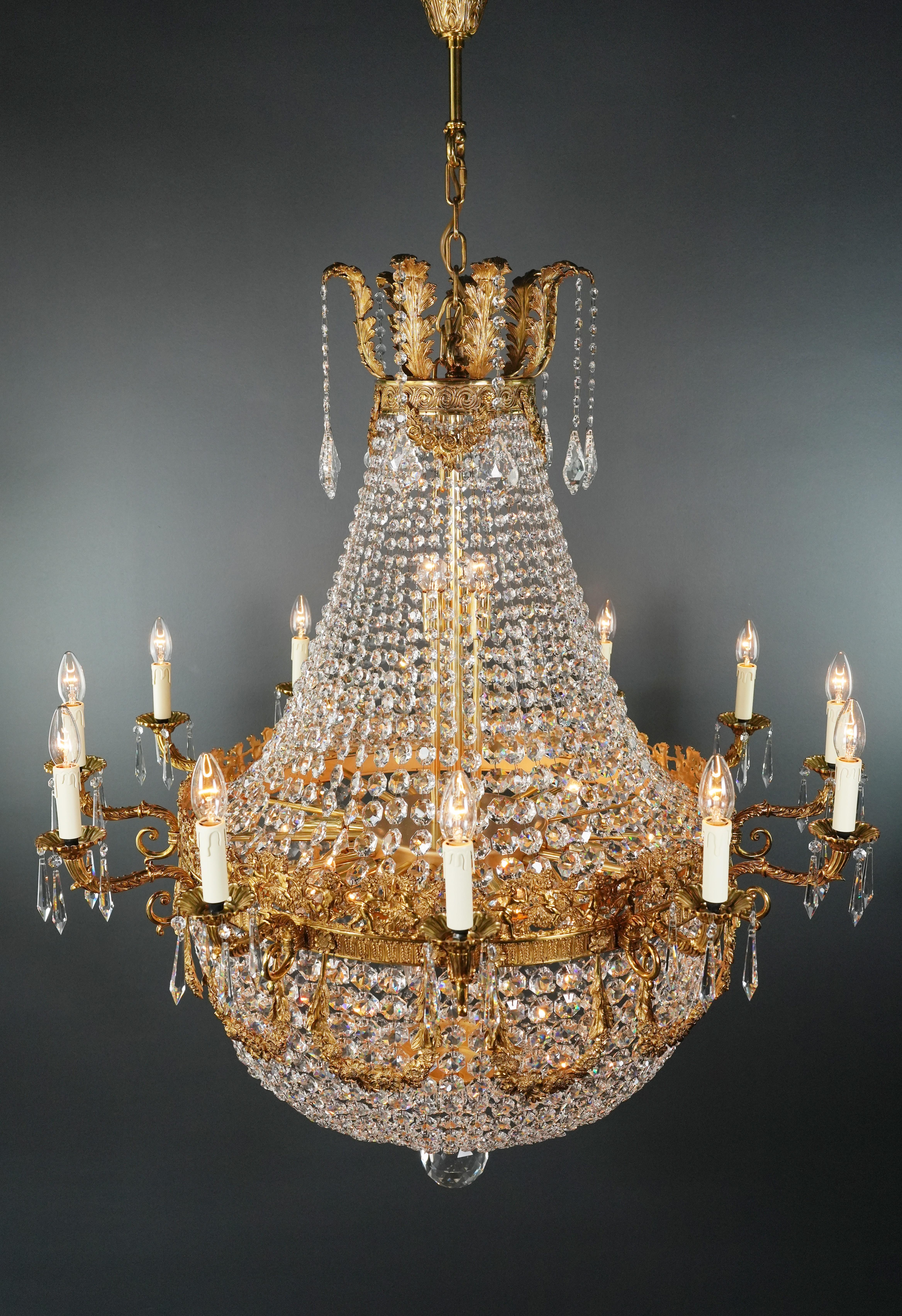 German Wreat Brass Basket Empire Sac a Pearl Chandelier Crystal and Antique Gold For Sale