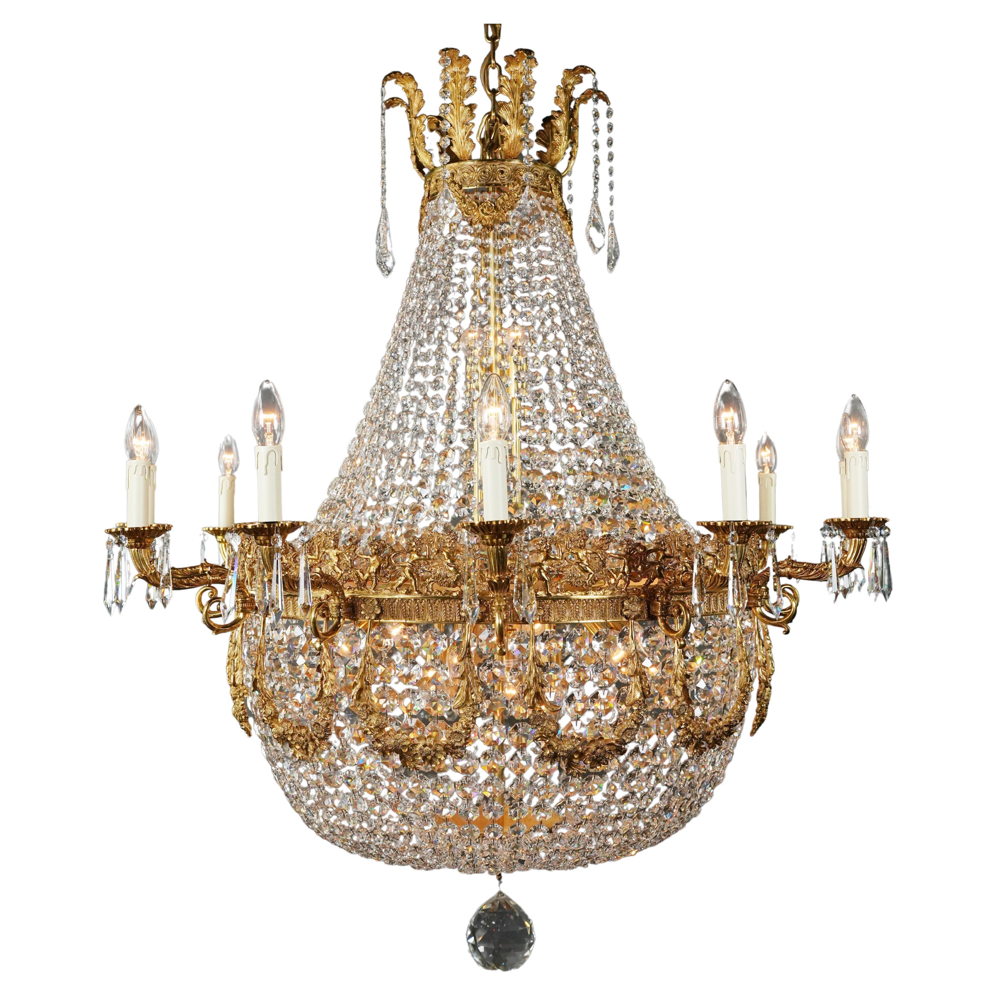 Wreat Brass Basket Empire Sac a Pearl Chandelier Crystal and Antique Gold