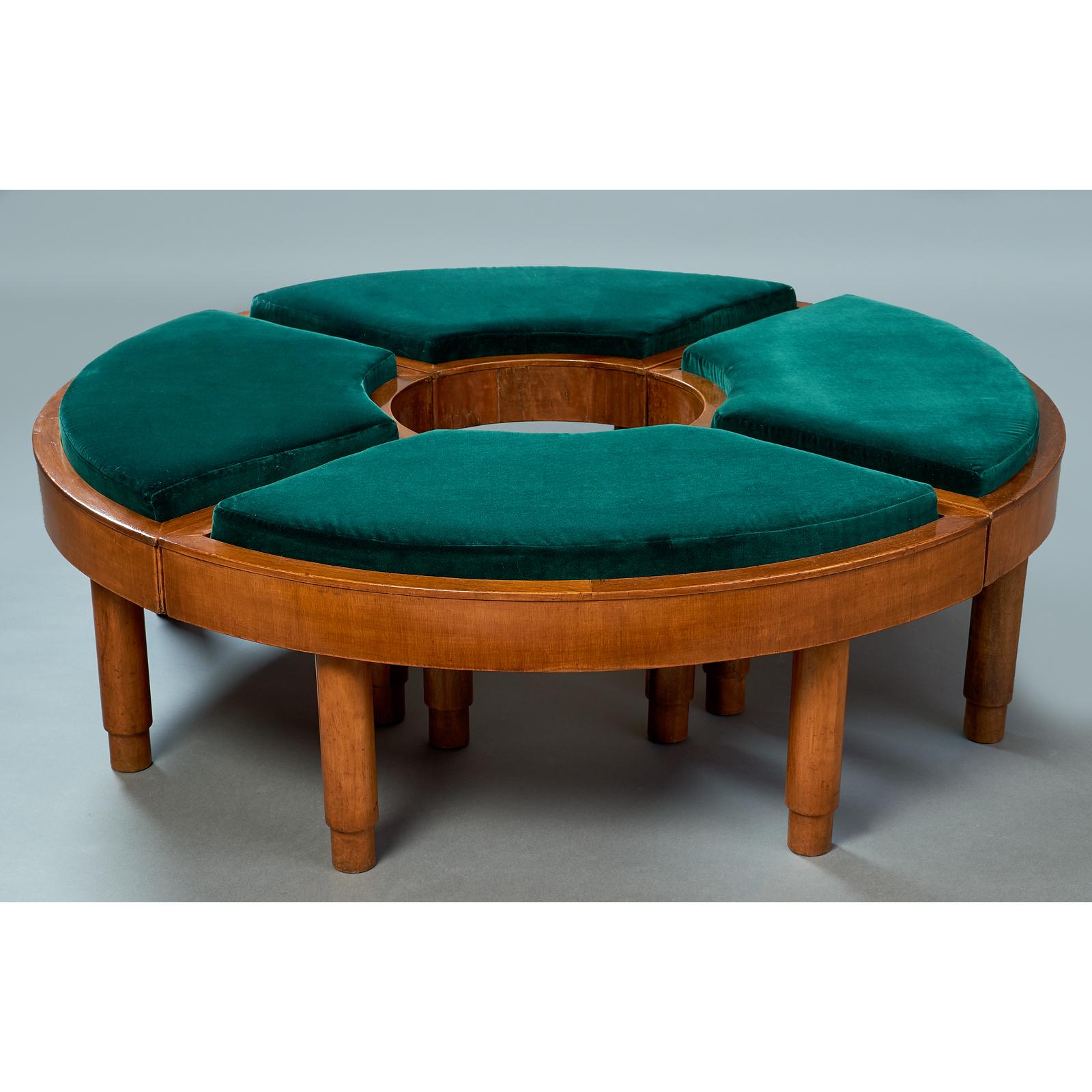 ITALY, 1930's
Exceptional grouping of four modernist stools that together form a large circle, and can be arranged at will. Separated one by one, to two by two as benches or the four as a stunning visual centerpiece.
Dimensions: 46 Diameter x 15 H,