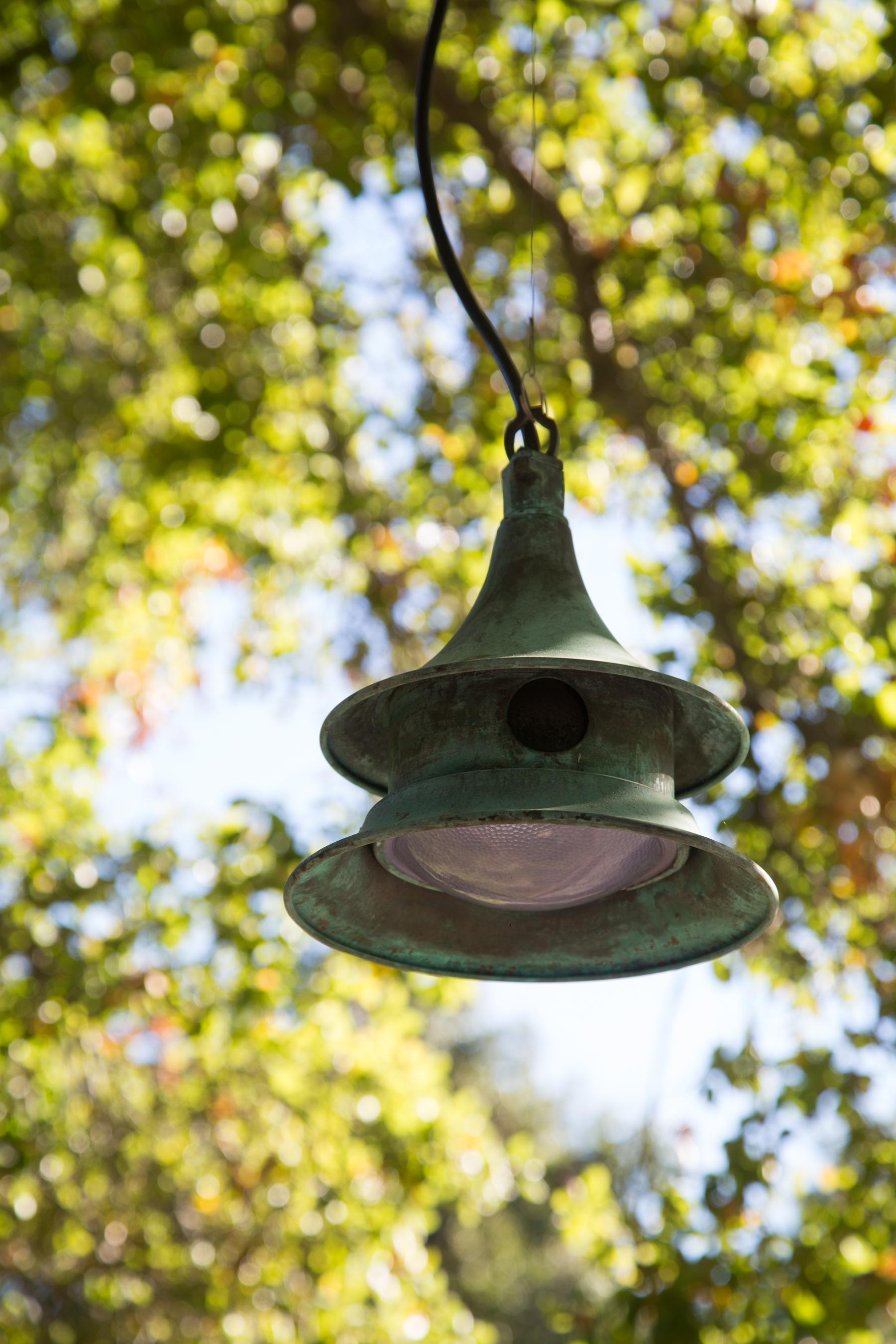 Mid-Century Modern Wren House Outdoor Suspension Lamp in Verdigris Copper