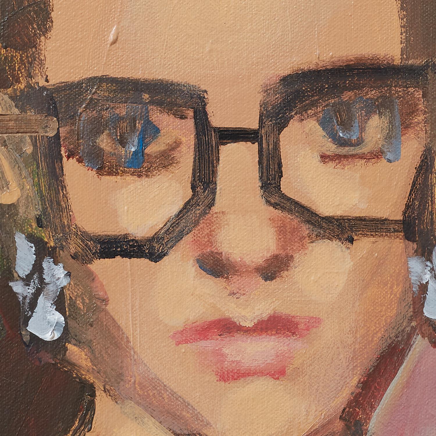 <p>Artist Comments<br />A young woman looks out at the viewer, her blue eyes framed by a pair of angular brown glasses. Her red blouse is repeated on the blush of her lips and features, and faintly in the background. Part of artist Wren Meyers's